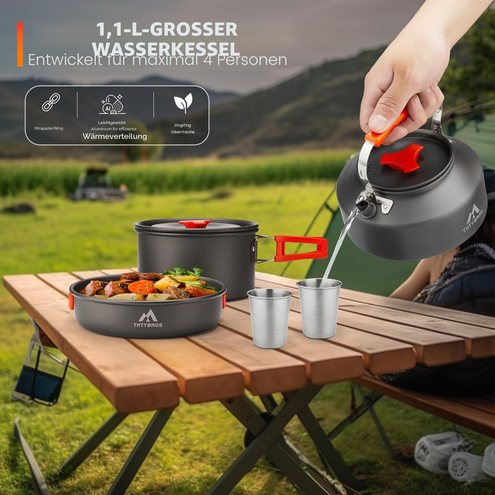 THTYBROS 17-teiliges Camping-Kochgeschirr-Set, hart eloxiertes Aluminium-Topf-Pfanne-Kessel mit 2 Edelstahl-Tassen, Teller, Besteck für Outdoor-Wandern, Rucksackreisen, Picknick