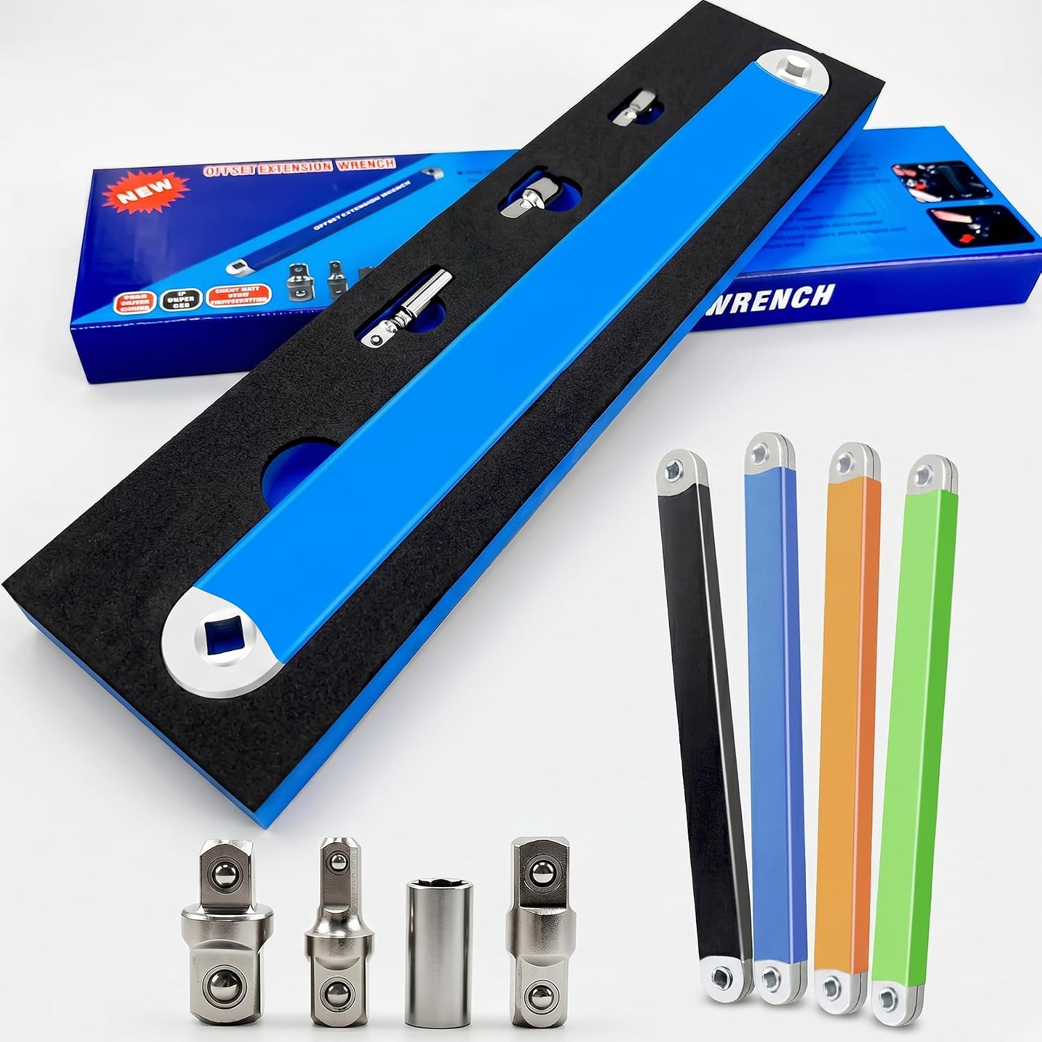 Bolthero Offset Extension Wrench, 15.4" Zero-Degree Chain-Drive Extender, 0.8" Ultra-Thin Profile, 4 Adapters 1/4" 3/8" 1/2" Drive, 53 Ft/Lb Impact Ready For Automotive Tight Space Repai (orange)