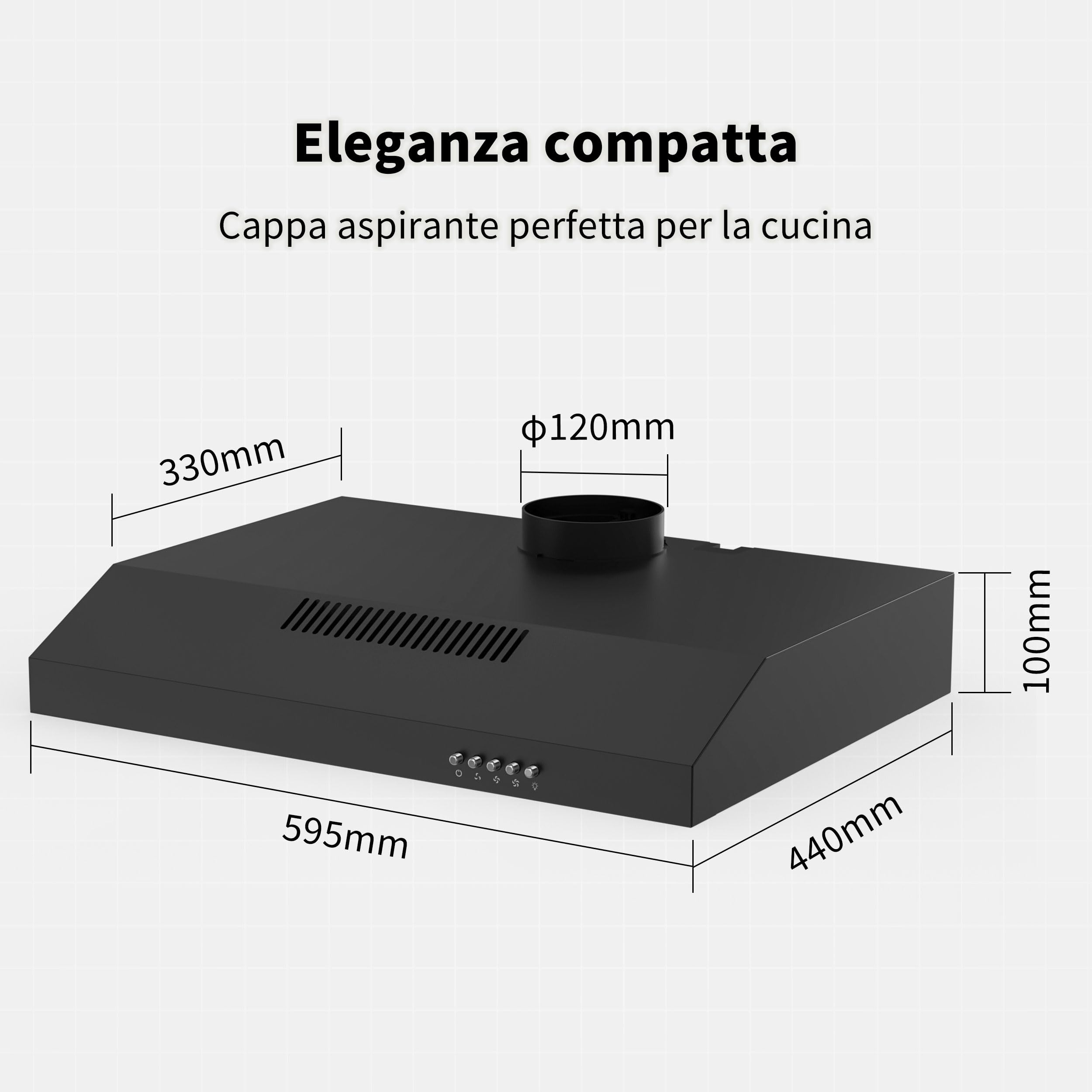 FIREGAS A+, cappa aspirante, 60 cm, scarico e ricircolo, 3 livelli di potenza, filtro al carbone incluso, silenzioso ed efficiente dal punto di vista energetico, illuminazione a LED, colore nero