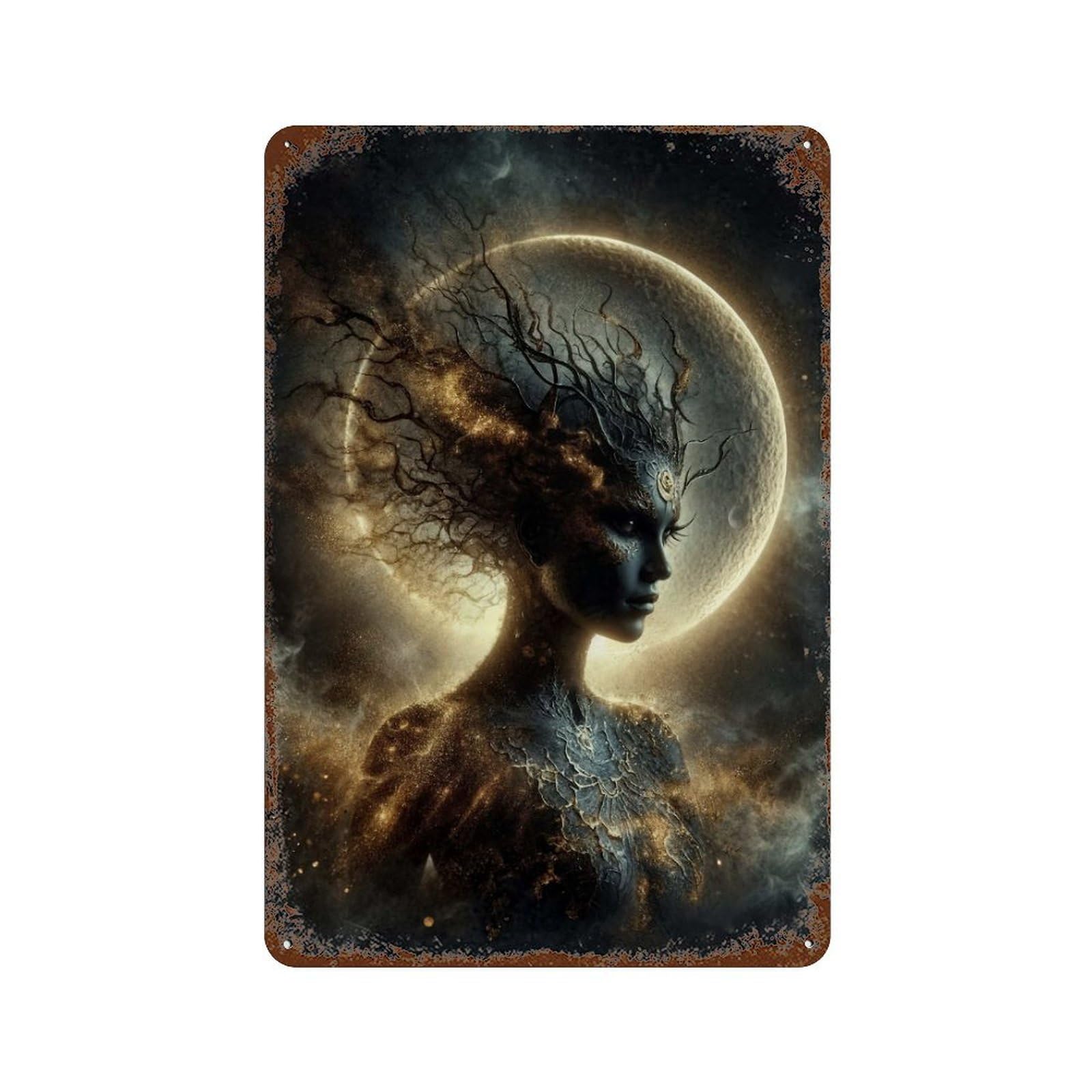 Celestial Woman with Moon Background Rusty Metal Tin Sign 11.8"x7.9", Vintage Wall Decor for Garage, Pub Or Kitchen
