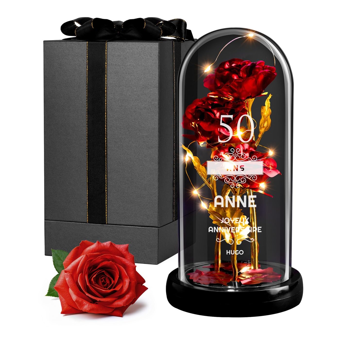 Maverton Rose Eternelle sous Cloche en Verre avec Personnalisation - Fleur Eternelle Cadeau Maman - Rose Rouge Artificielle 21x11 avec Lumière LED - Idee Cadeau Anniversaire Femme Original - 50 Ans