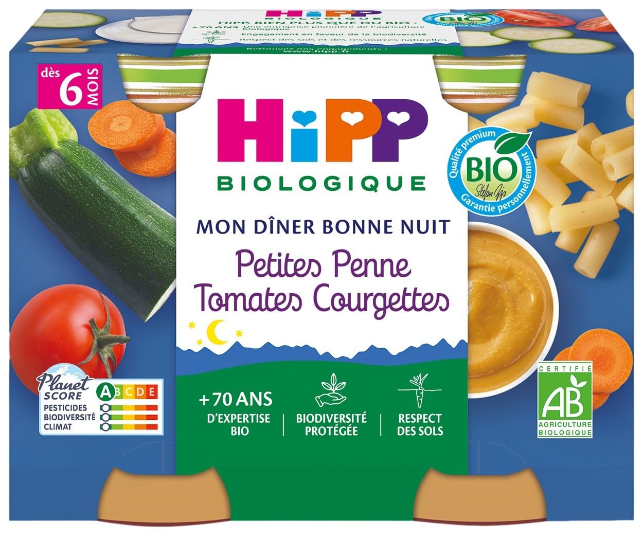 HiPP - Mon Dîner Bonne Nuit - Petites Penne Tomates Courgettes Dès 6 Mois 12 Pots de 190 g - BIOLOGIQUE