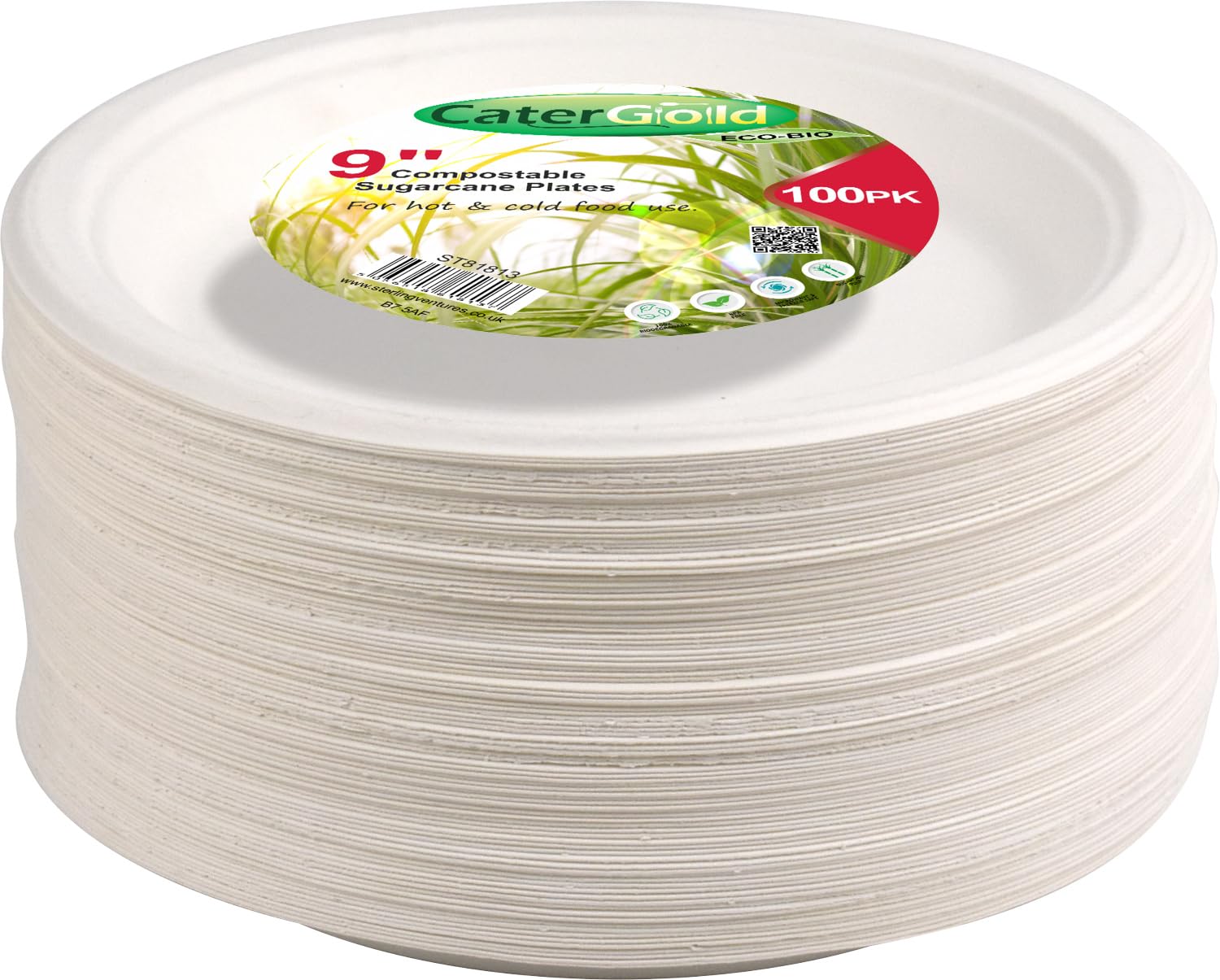 Catergold Eco-Bio Bagasse Bowls, Disposable Plates, Sugarcane Fibre, White, for Parties, Picnics, BBQs (Plate 9" 100 Pack)