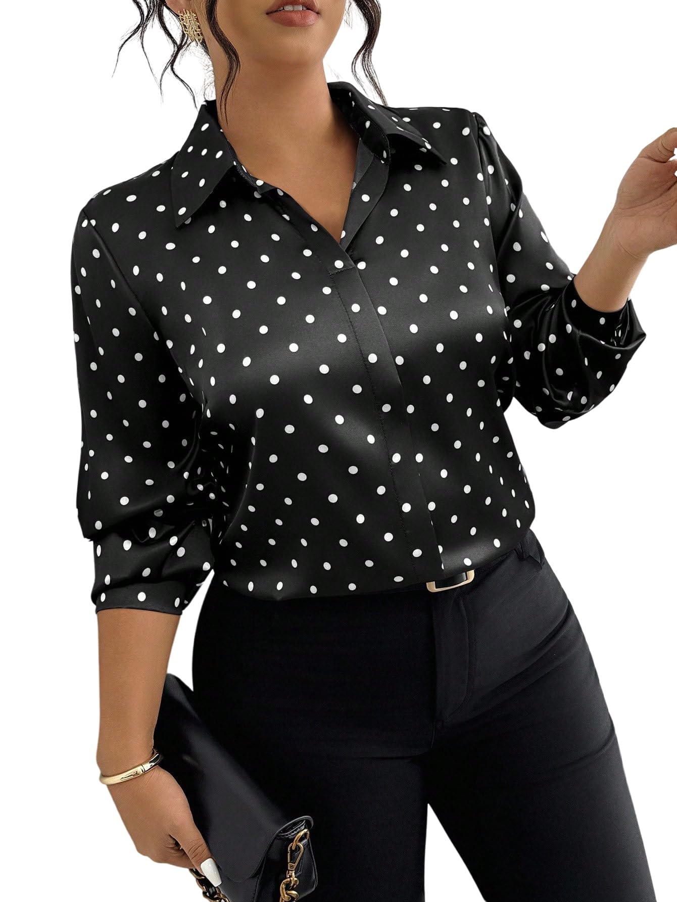 GORGLITTER Chemisier en satin pour femme - Grandes tailles - Chemise avec motif à pois - Col de chemise - Chemisier à manches longues