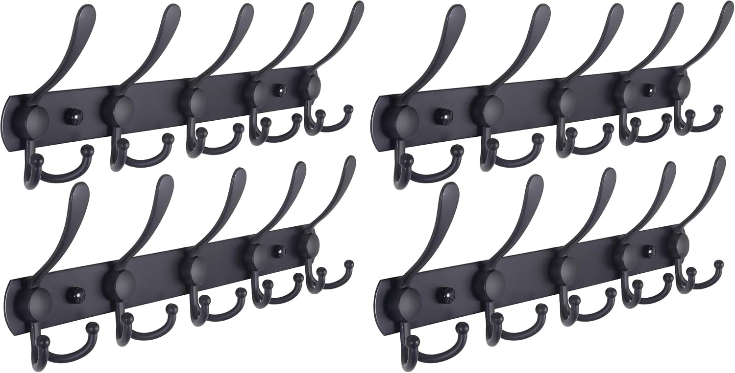 Dseap Coat Rack Wall Mounted - 5 Tri Hooks, Heavy Duty, Stainless Steel, Metal Coat Hook Rail for Coat Hat Towel Purse Robes Mudroom Bathroom Entryway (Black, 4 Packs)
