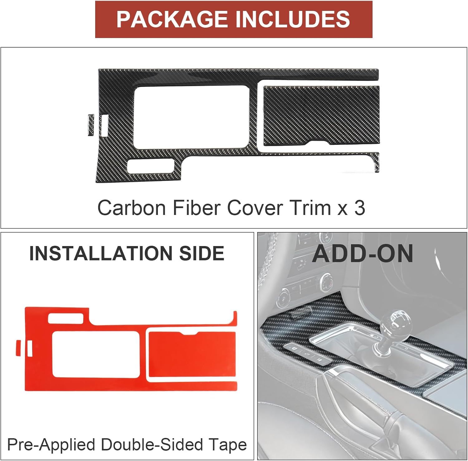 3PCS Real Carbon Fiber Gear Shift Panel Cover Trim & Cup Holder Cover Trim Compatible with 2010-2014 5th Gen Ford Mustang, Interior Decor Sticker Accessories