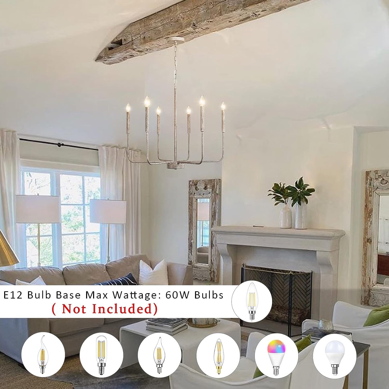 Moderner Bauernhaus-Kronleuchter für Esszimmer, 6-flammige Kronleuchter-Leuchte, höhenverstellbar, hängende Kerzen-Pendelleuchte für Kücheninsel, Wohnzimmer, Schlafzimmer, Foyer (Antikweiß-6 Lichter)