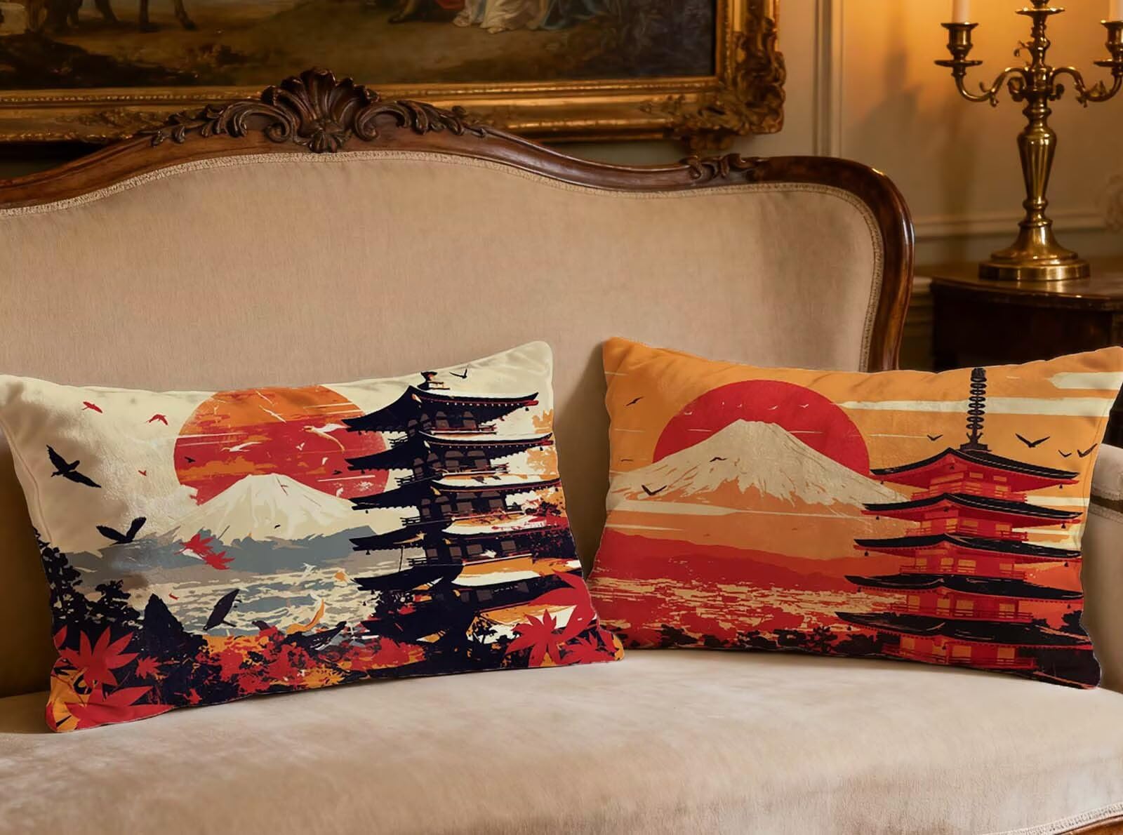 Coussin paysage rouge pour decoration salon et canape en velours