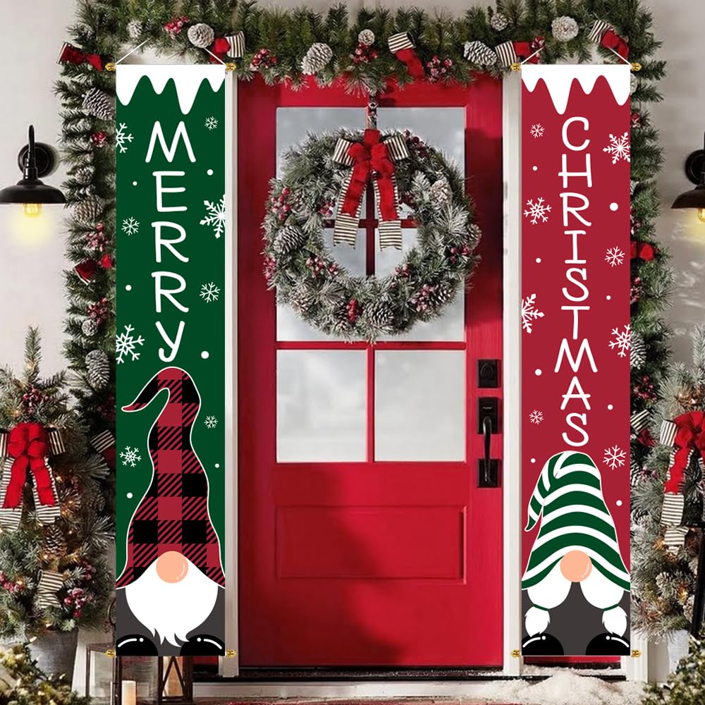Christmas Decorations Outdoor Yard: Cute Red Green Gnome Tomte Front Porch Sign Door Banner, Hanging Merry Christmas Decorations for Home, Indoor Outdoor Xmas Decor Wall Front Door Yard Garage