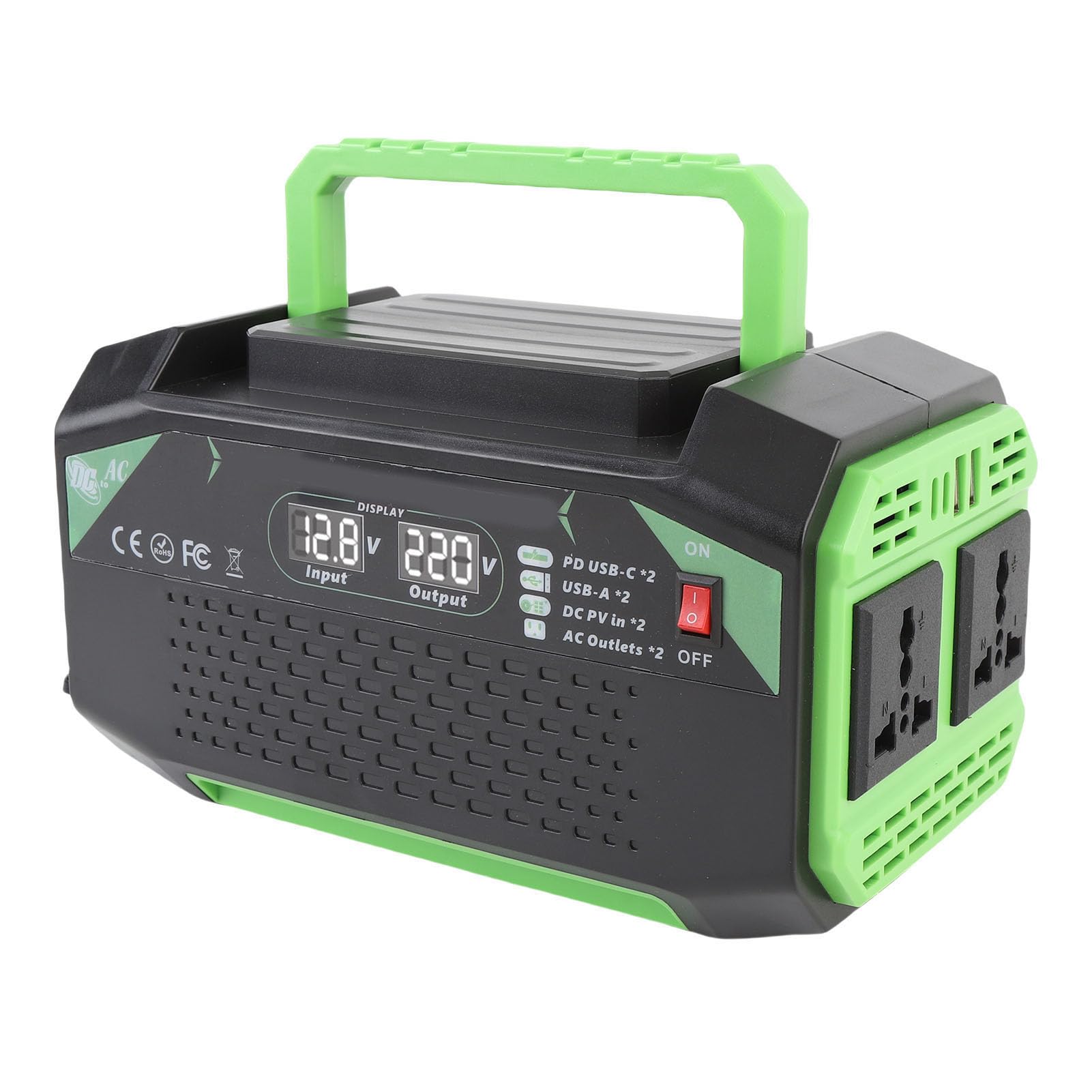 Luocute Ogranicznik Prądu Samochodowego 600 W, DC 12V do AC 20V Vehicle Vehicle ładowarka z 2 Gniazdkami, 2 USB C PD, 2 USB A, QC Szybkie ładowanie, Wyświetlacz Napięcia, Wentylator