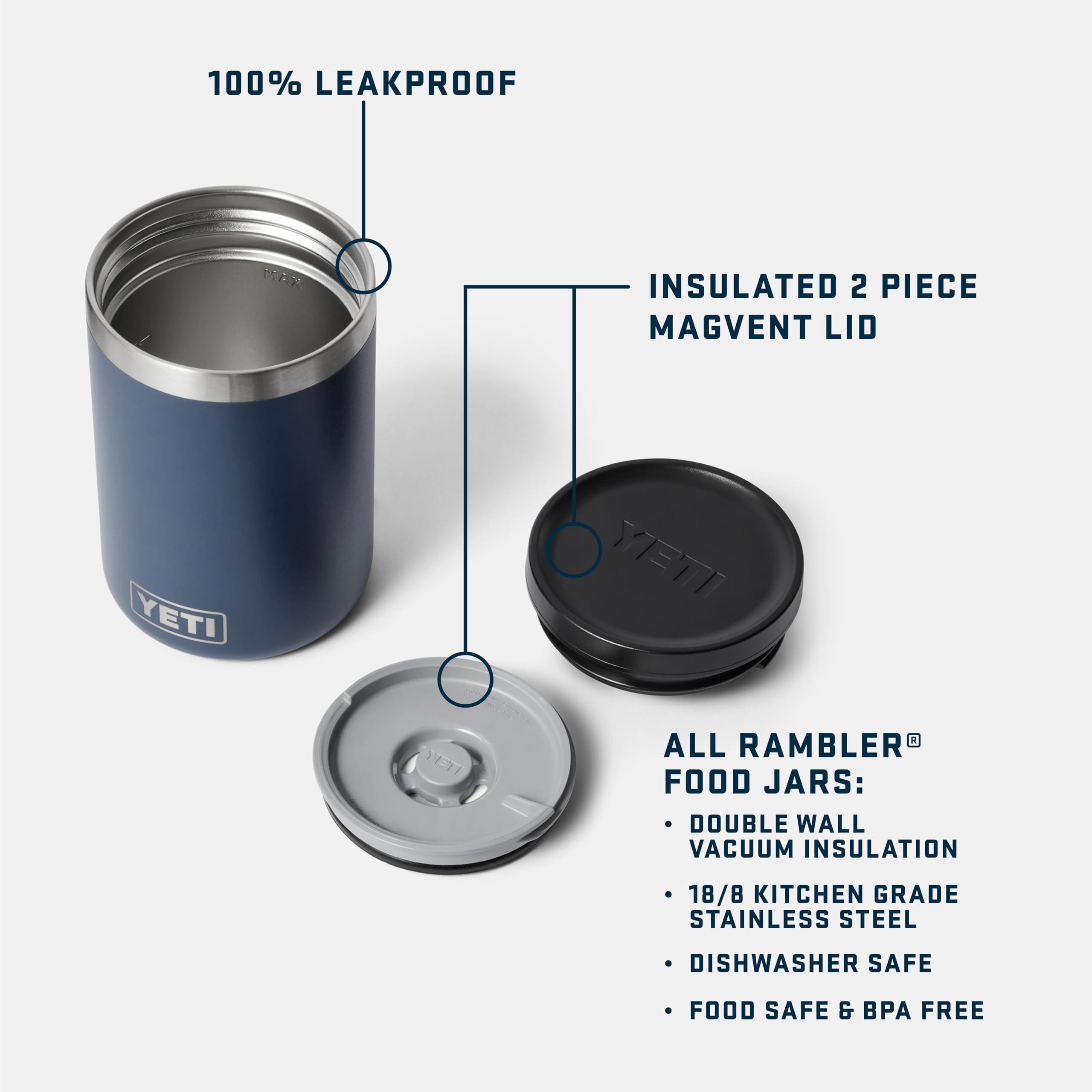 YETI Rambler Food Jar, Stainless Steel Double-wall Vacuum Insulated Container, Leakproof MagVent Lid, Durable & Dishwasher Safe Meal Jar for Travel or Office, Navy, 16 oz (473 ml)