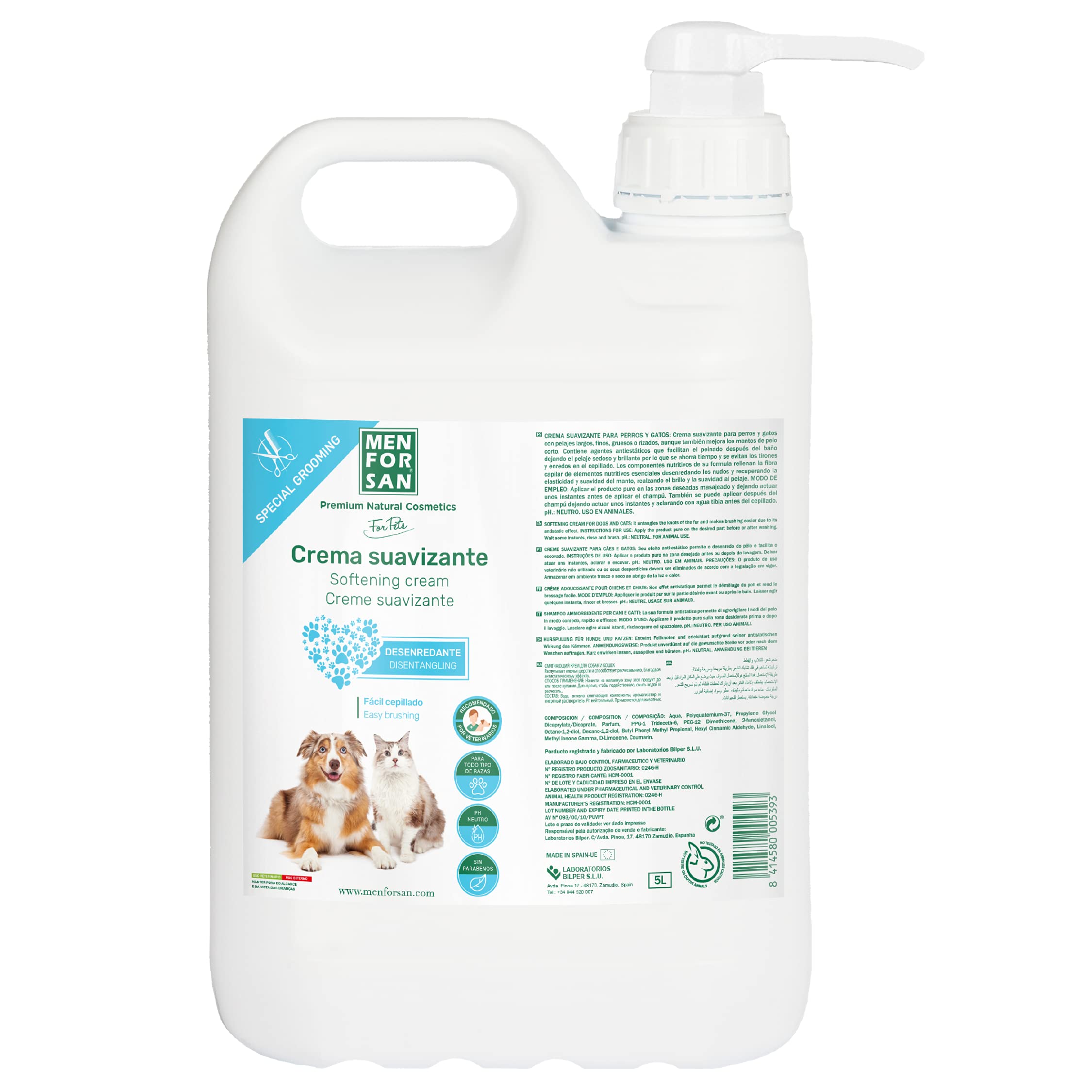 MENFORSAN Crema Suavizante Desenredante Perros Y Gatos, Blanco, 5 l