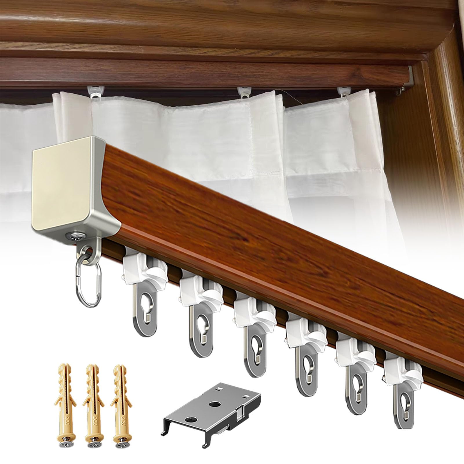 System szyn karniszy z drewnianym wykończeniem, aluminiowa szyna z gładkimi rolkami, kompletny zestaw akcesoriów do zasłon do eleganckich draperii i dekoracji okiennych