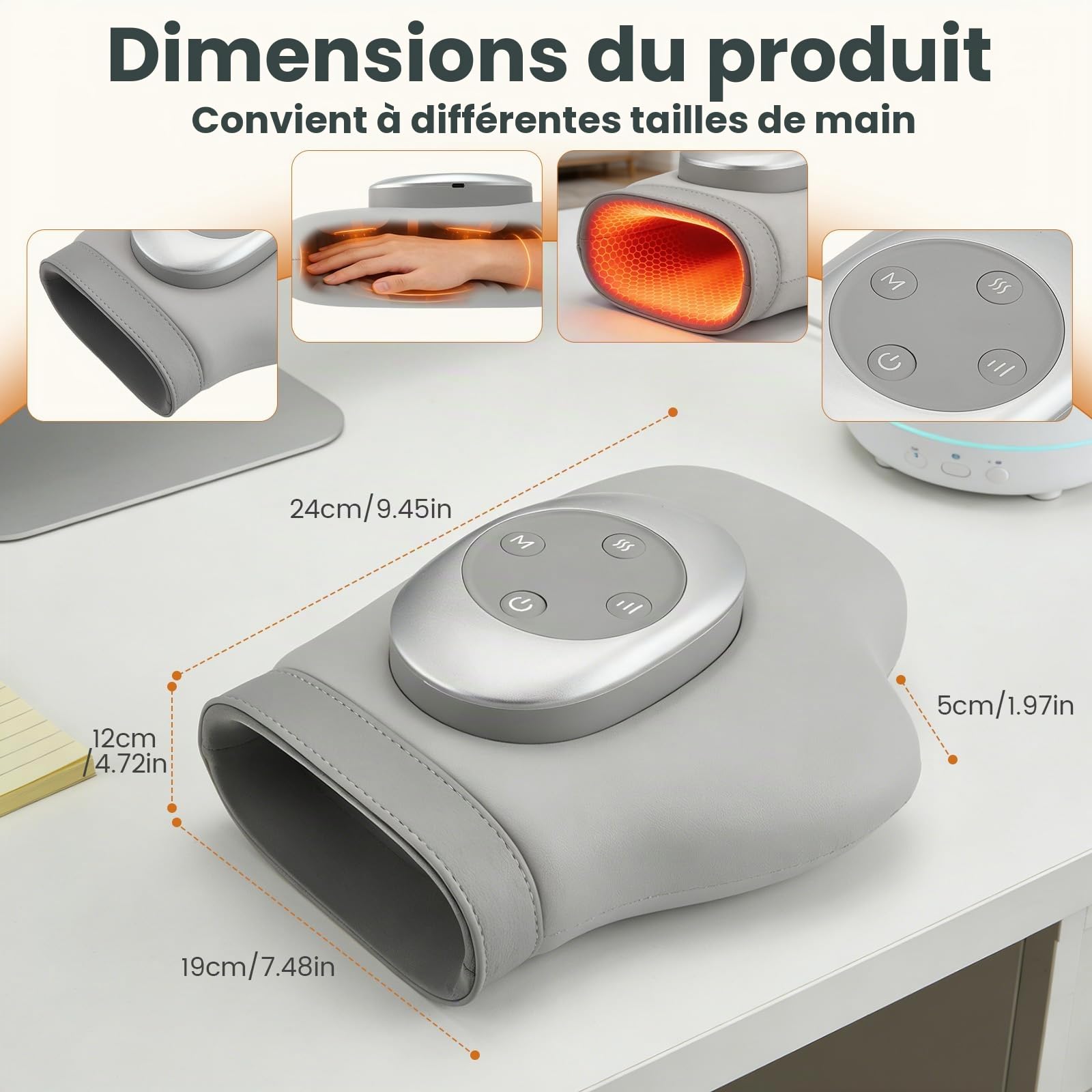 Appareil de massage des mains avec chaleur & compression contre arthrose & fatigue manuelle, 3 modes, 3 niveaux de chaleur, 5 niveaux de pression, gant rechargeable, cadeau détente
