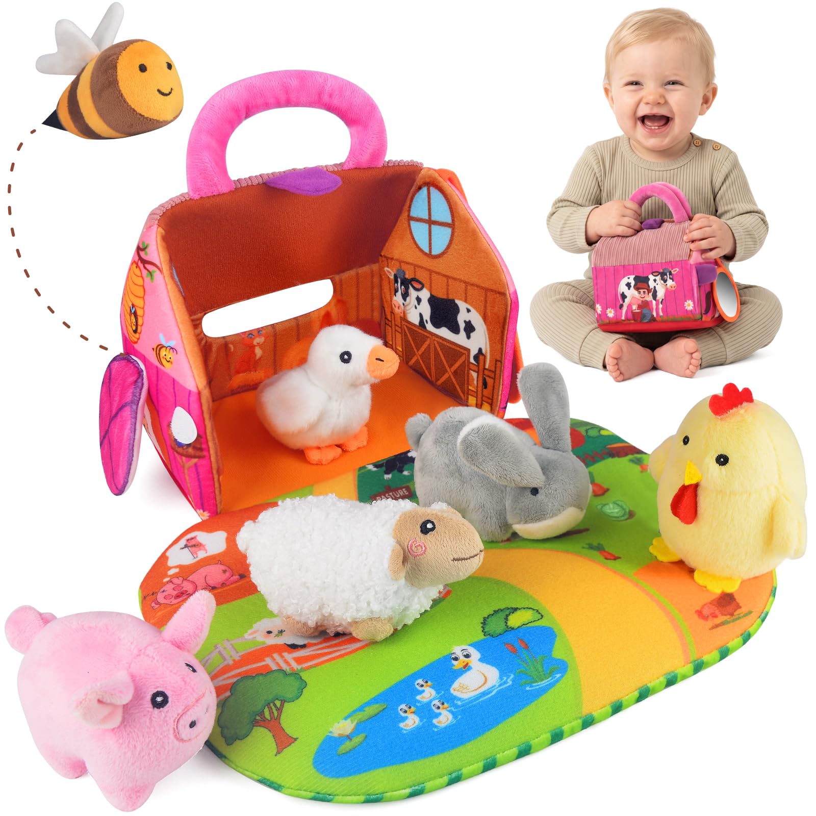 Baby Bauernhof Spielzeug ab 6 Monate, mit 6 Sensorik Plüschtiere und Faltbare Scheune, Quietsch & Rassel Montessori Spielzeug Baby, Geschenk für 6 9 12 Monate 1 Jahr Junge Mädchen
