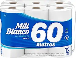 Papel Higiênico Mili Bianco Folha Simples - 12 Rolos de 60 Metros - Máximo Rendimento, Neutro - Ideal para Economia e Uso Diário