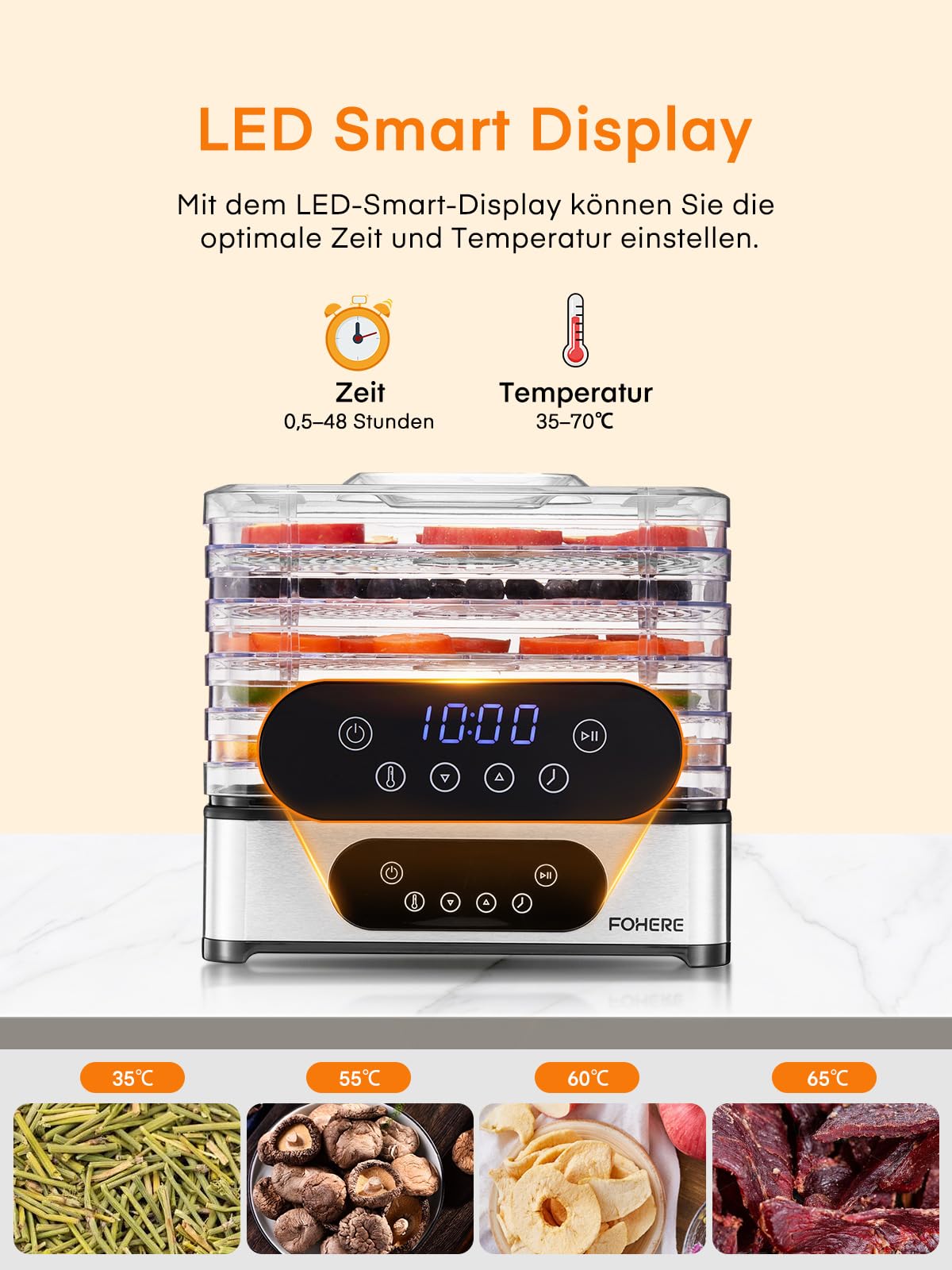 FOHERE Dörrautomat Edelstahl, Dörrgerät mit 5 höhenverstellbaren Tabletts, LED-Anzeige, 420W, 35-70°C, 48h-Timer, für Lebensmittel, Pilze, Früchte, Fleisch, Fisch, Gemüse, BPA frei