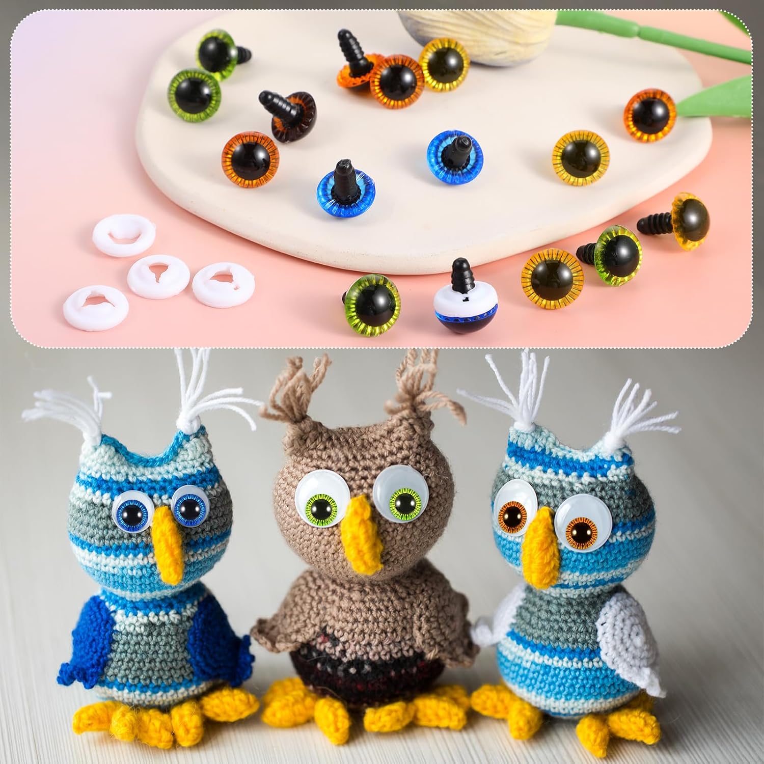 20pcs 15mm Colored Crochet Eyes with Washers Safety Eyes for Amigurumi Plastic Craft Eye Crochet Glasses Noses and Buttons Crochets Accessories for DIY Making of Doll Bear Crafts