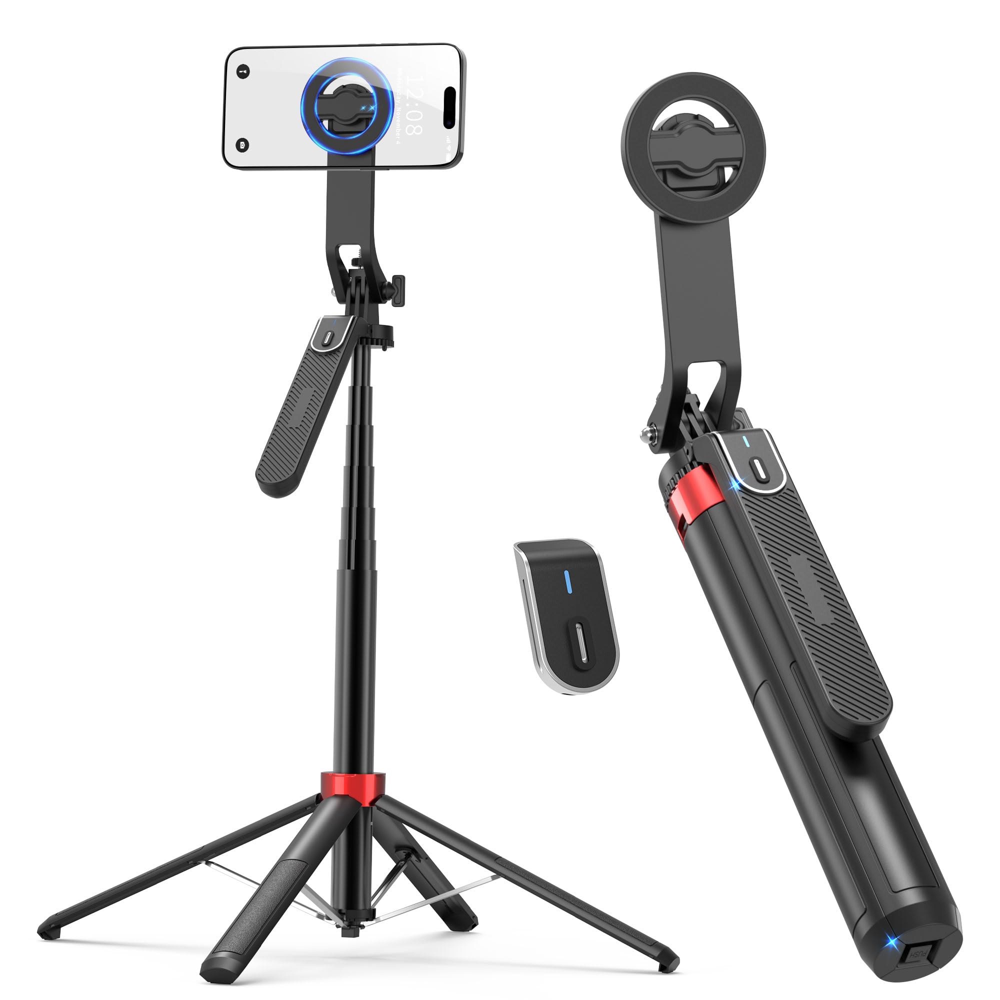 マグネット 自撮り棒 176cm超長 7段階伸縮 スマホ三脚 MagSafe対応【全方位360°回転+270°角度調節】磁気 三脚スタンド じどり棒 充電式リモコン付き iPhone12-17シリーズ＆Android多機種対応セルカ棒 軽量 折りたたみ式 セルフィー/旅行/撮影/生放送に最適（黒）