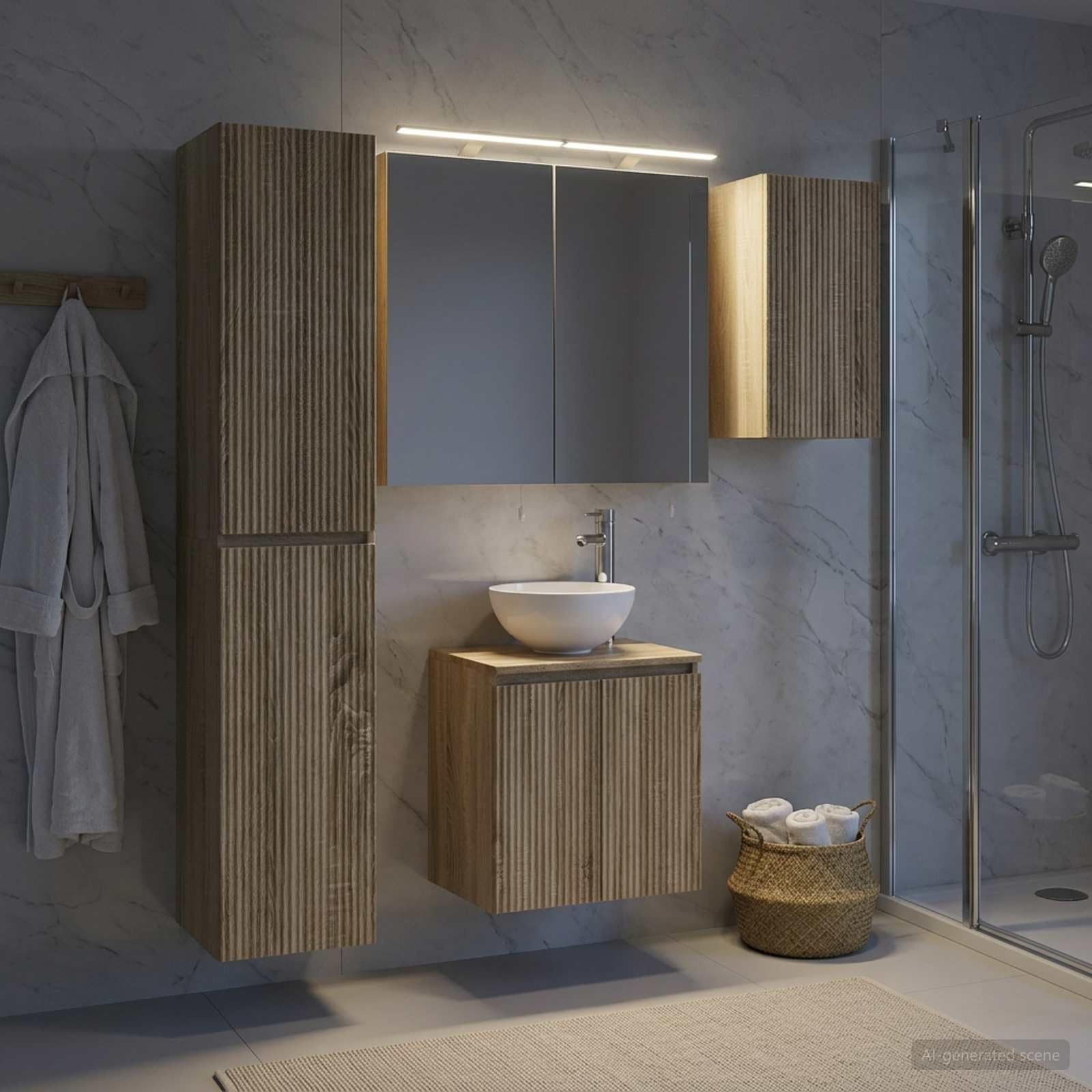 5-częściowy zestaw szafek łazienkowych, dąb Sonoma 50 x 14,5 x 70 cm, nowoczesny zestaw mebli ściennych ze zintegrowanym oświetleniem LED, zajmuje mało miejsca, odporna na wilgoć, łącznie z