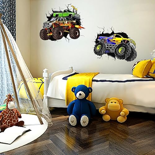 Miniatura 2 de PLIGREAT Calcomanías de pared grandes de camión monstruo, calcomanías de pared de vinilo removible 3D agrietado para adolescentes, sala de juegos,