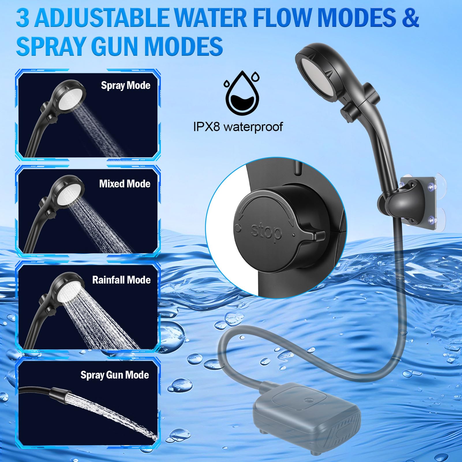 Doccia portatile, 2400 mAh, per irrigazione delle piante, portatile, per camper, viaggi su strada, giardinieri, pescatori, camper, escursioni, viaggi, alpinismo,