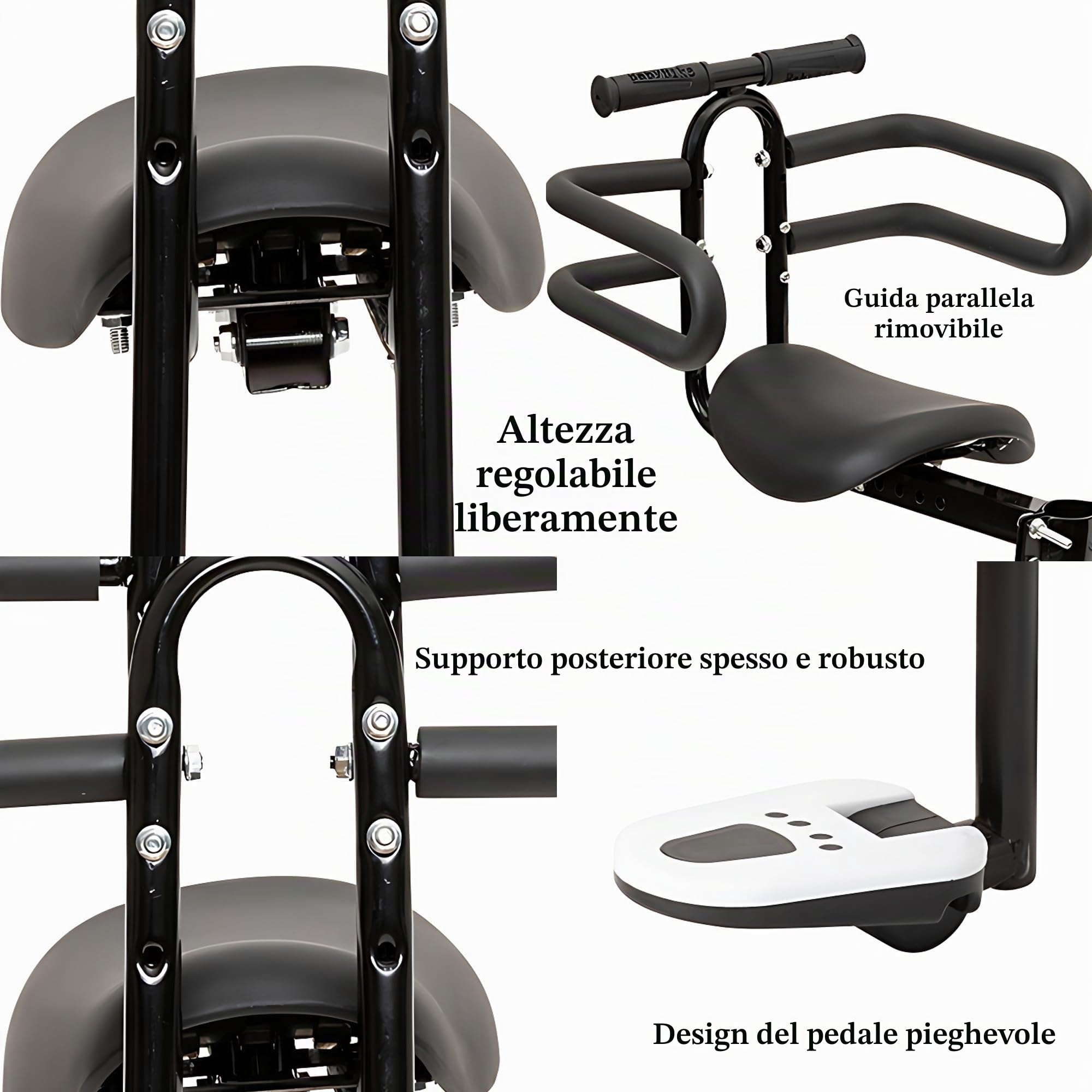 Seggiolino Bici Anteriore, Seggiolino Anteriore Bici Bambini, Regolabile in Altezza in avanti e Indietro, con Comodo Sedile Singolo, Bracciale, Recinzione, Pedali, Peso 30 kg, Nero