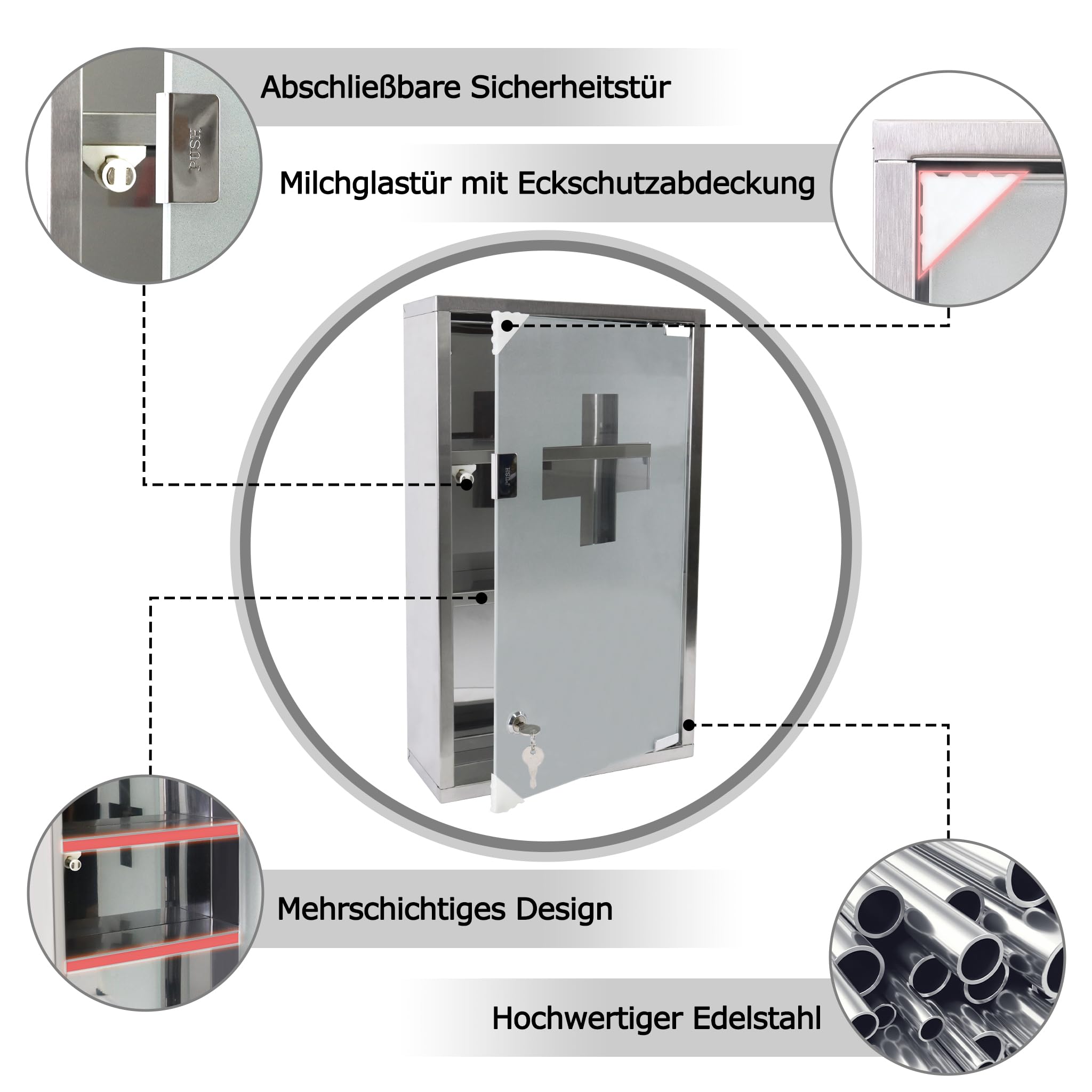 UISEBRT Medizinschrank aus Edelstahl 30 x 12 x 50cm, 3 Fächer Abschließbar Arzneischrank mit Glastür, Erste Hilfe Schrank inkl. 2 Schlüsseln, Medikamentenschrank Apothekerschrank, Silber