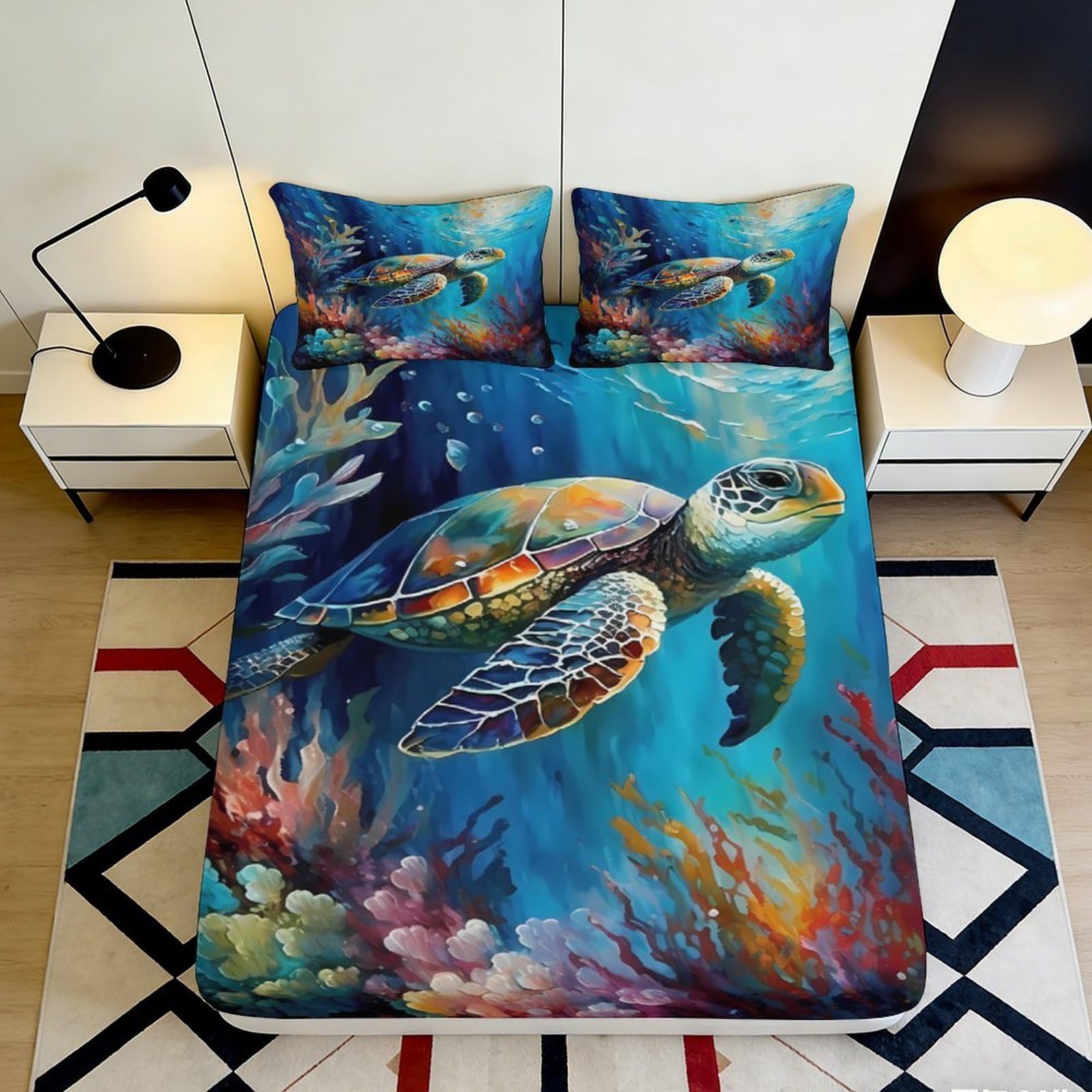 3D Printed Sea Turtle Fitted Sheet Microfiber Ocean Coral Mattress Cover for Bedroom Guest Room Dorm Decorative Washable 90x200x25cm