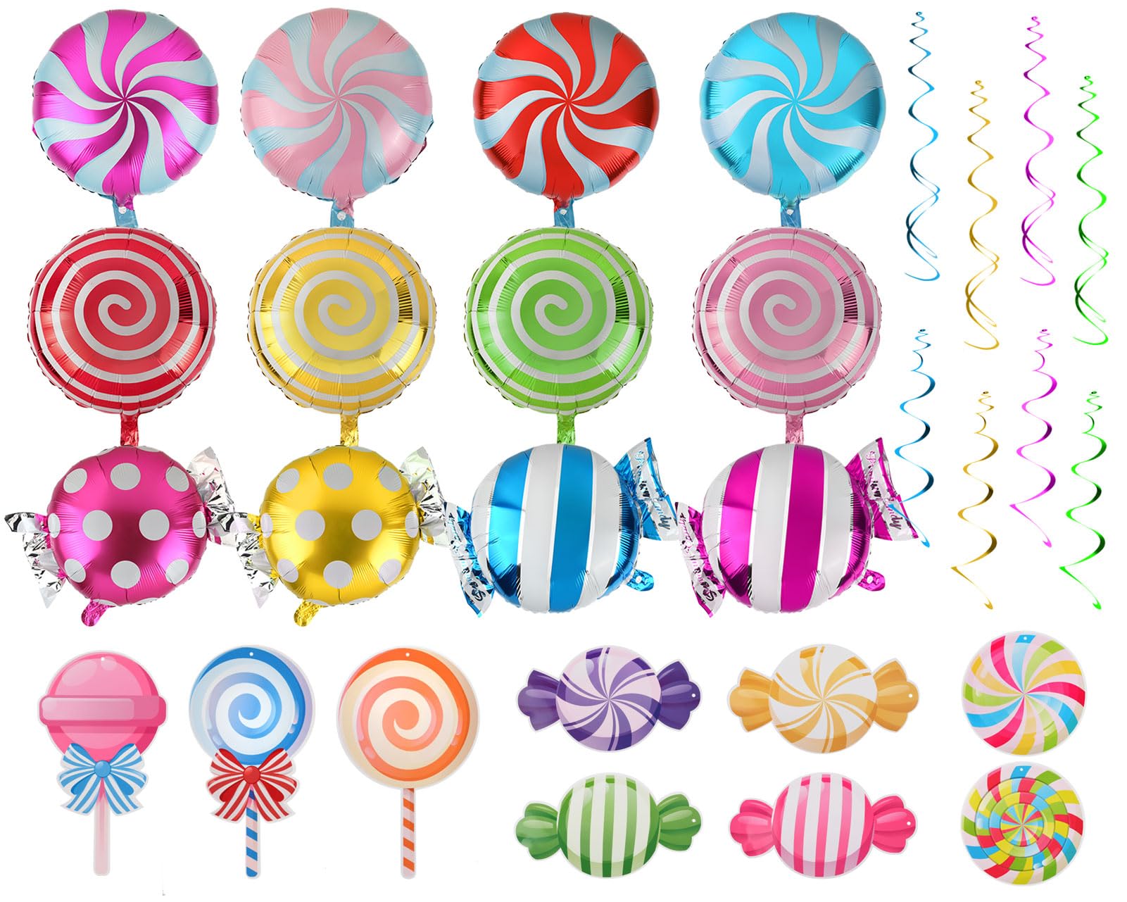 ds. distinctive style Candy Balloons Set 12 Colorful Candyland Aluminum Balloons with 30 Spiral Hanging Decorations for Birthday, Parties, Celebration