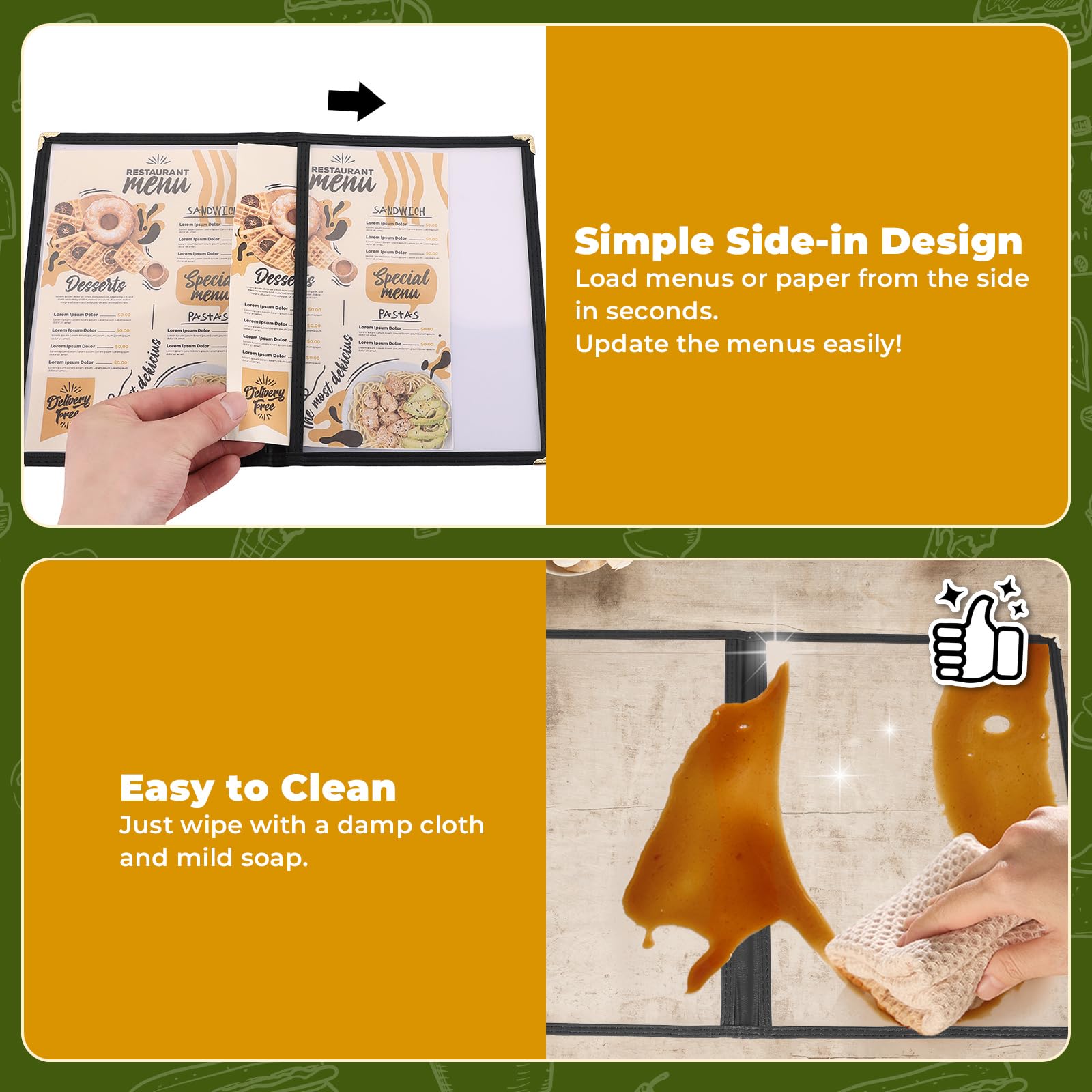 DASBET Couvertures de menu A5 pour menu de restaurant, 3 pages, 6 vues transparentes, chemises de menus noires, avec protections d'angle en métal, convient pour les restaurants, bars, cafés (5, 3