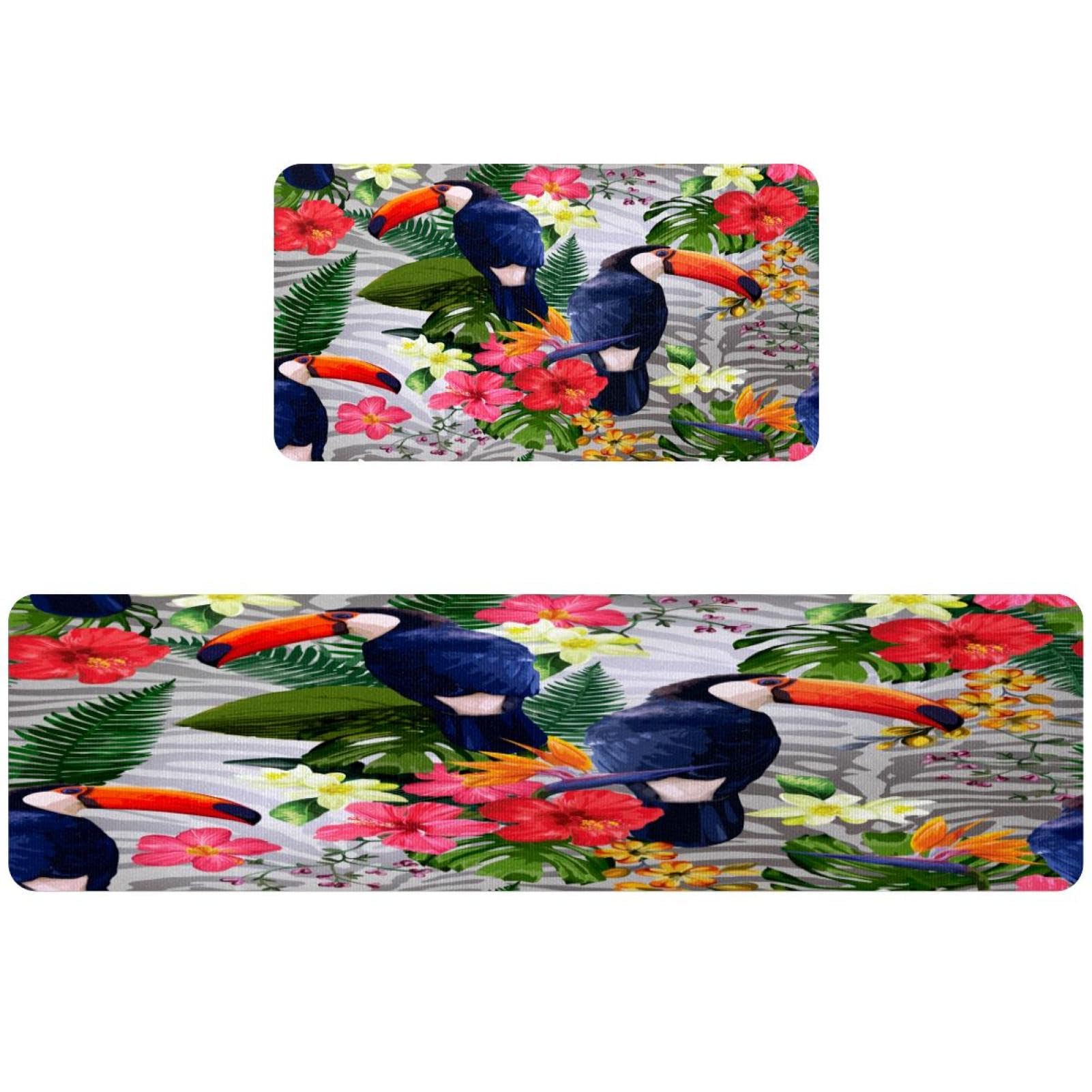 Tapete de cocina de alta calidad con flores y tucanes, alfombra absorbente y lavable de 2 piezas