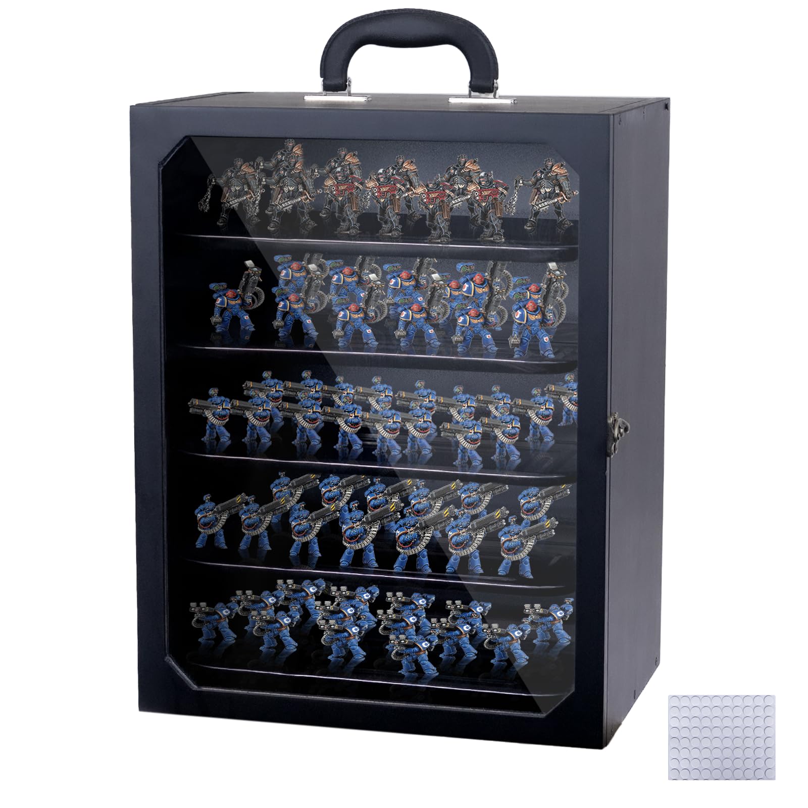 Miniature Storage Case,Miniature Carrying Case for Collectibles Miniatures,Wooden Display Cases with 5 Trays and a Piece of Double-Sided Adhesive Dots,Clear View Miniatures Transport Case,Black