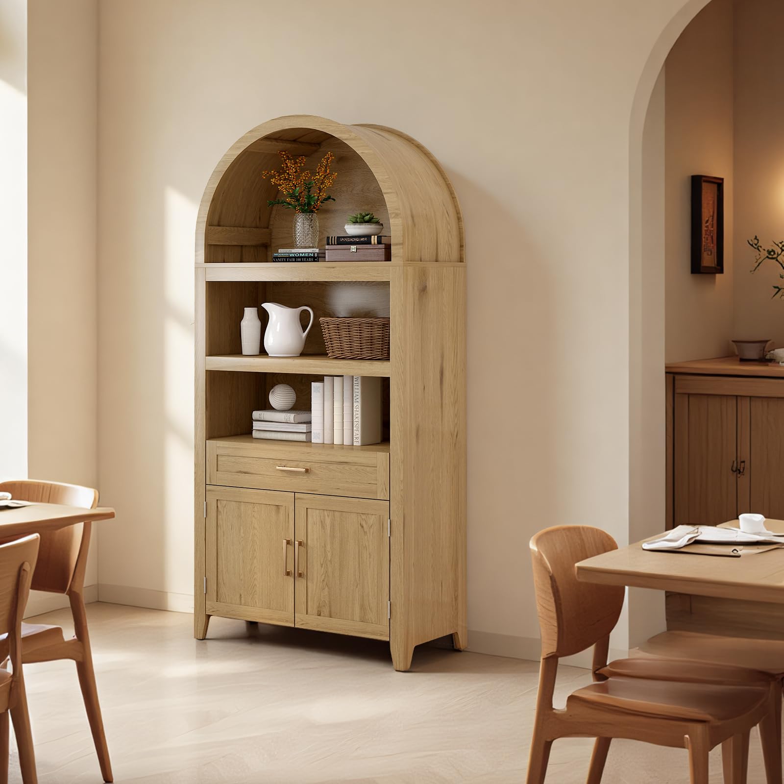 Armadietto corto ad arco con cassetti, libreria moderna in legno con anta, vetrina ad arco con ripiani, libreria per cucina, soggiorno, camera da letto, ingresso, naturale