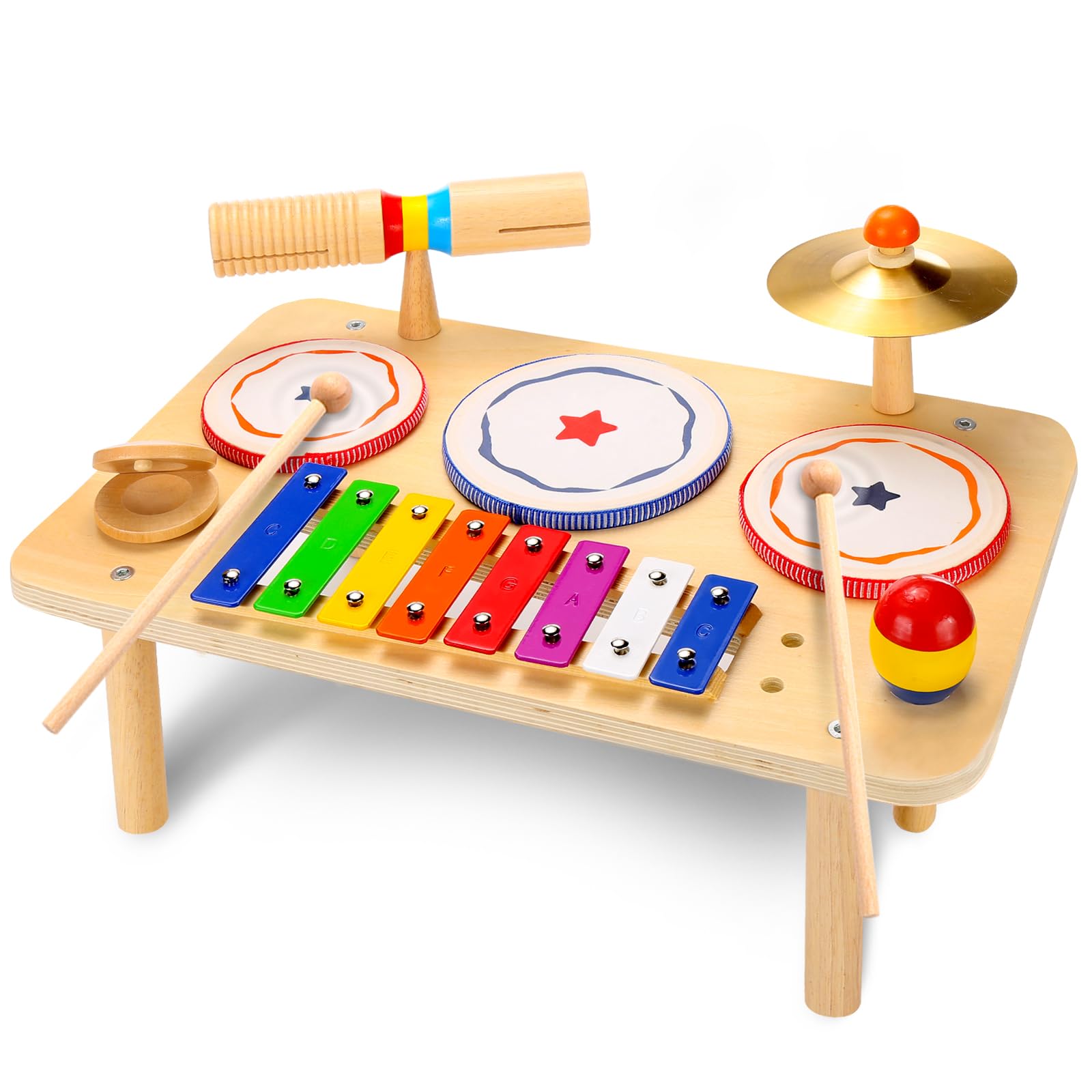 WINGYZ Baby Drum Set 9-in-1 Wooden Musical Instruments for Toddlers 1-3 Montessori Music Toys with Xylophone Drum Cymbal