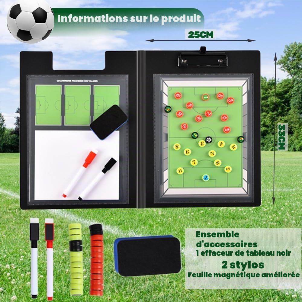 Tableau Tactique de Football - Accessoire Portable - pour entraîneur de Football - Film Tactique - Football - Basketball - Pliable - Magnétique - avec marqueur, Stylo, Gomme