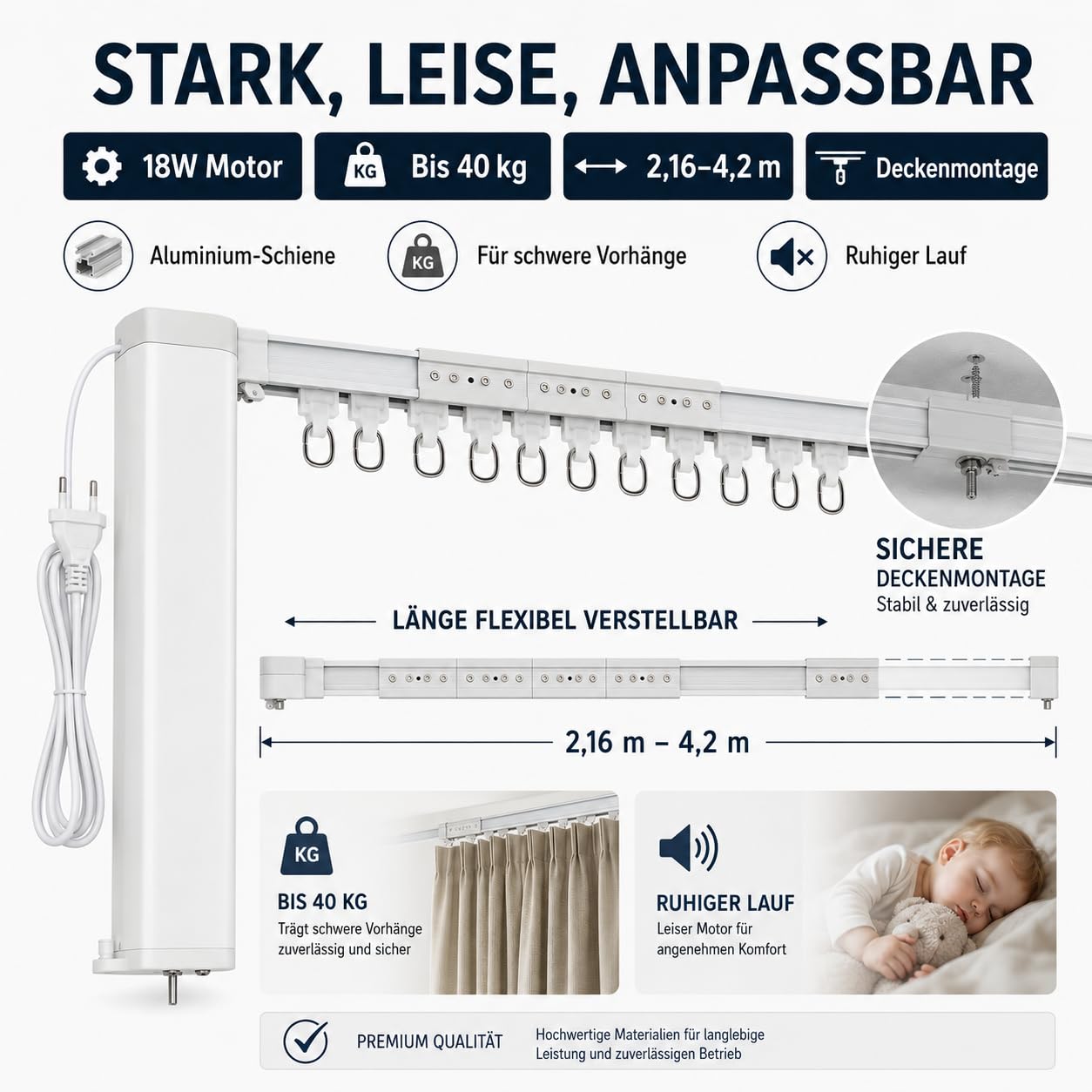 Motorisierung Vorhänge, elektrische Gardinen, WLAN-Fernbedienung, Sprachsteuerung, 4,2 m Schiene, 40 kg Traglast, für Schlafzimmer & Wohnzimmer