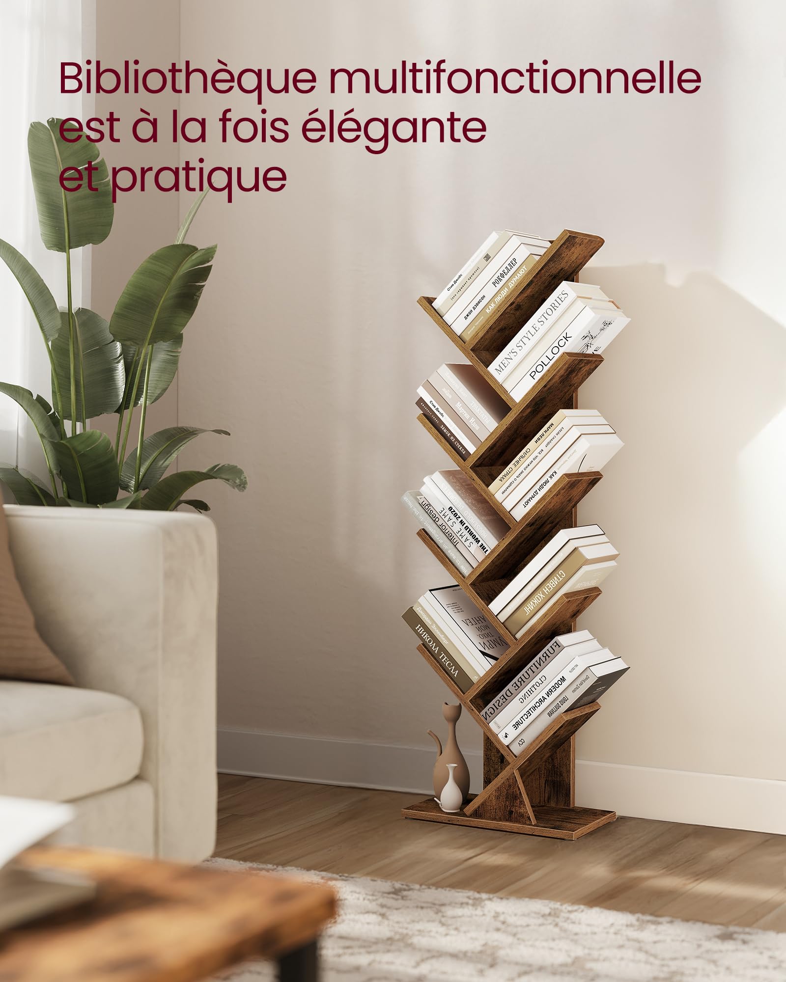 VASAGLE Custos Collection - Bibliothèque Arbre, Bibliothèque Moderne sur Pied, pour Chambre, Salon, Bureau, 20 x 38 x 115,2 cm, Marron Rustique LBC609KD01