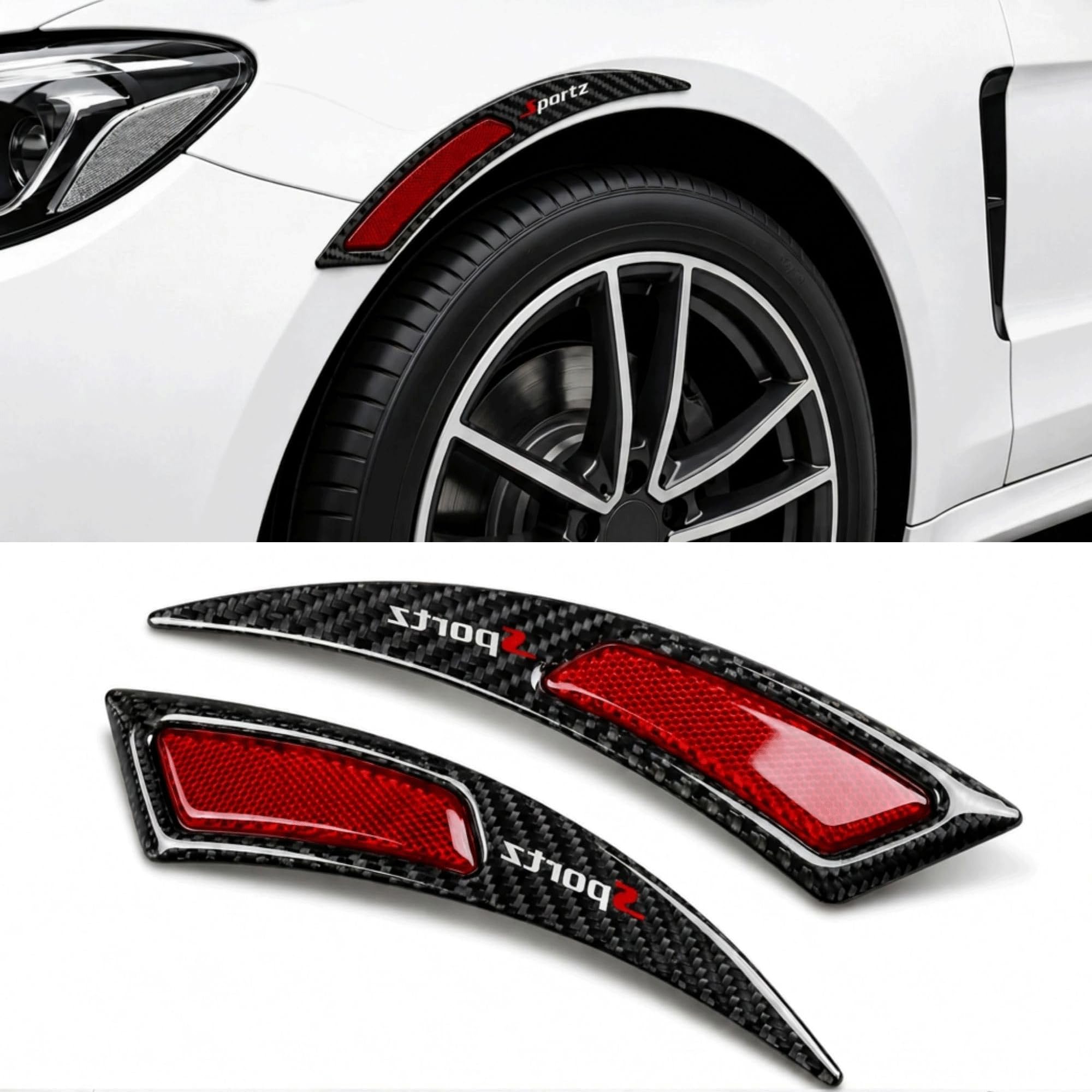 IN-IMAGINE 2PCS Car Tyre Sticker, Carbon Fiber Anti Scratch Sports Trim Sticker, SARTE Wheel Arch Protector Reflective Fender Guard for Wheel Arch Styling (Red Reflector)-image-9