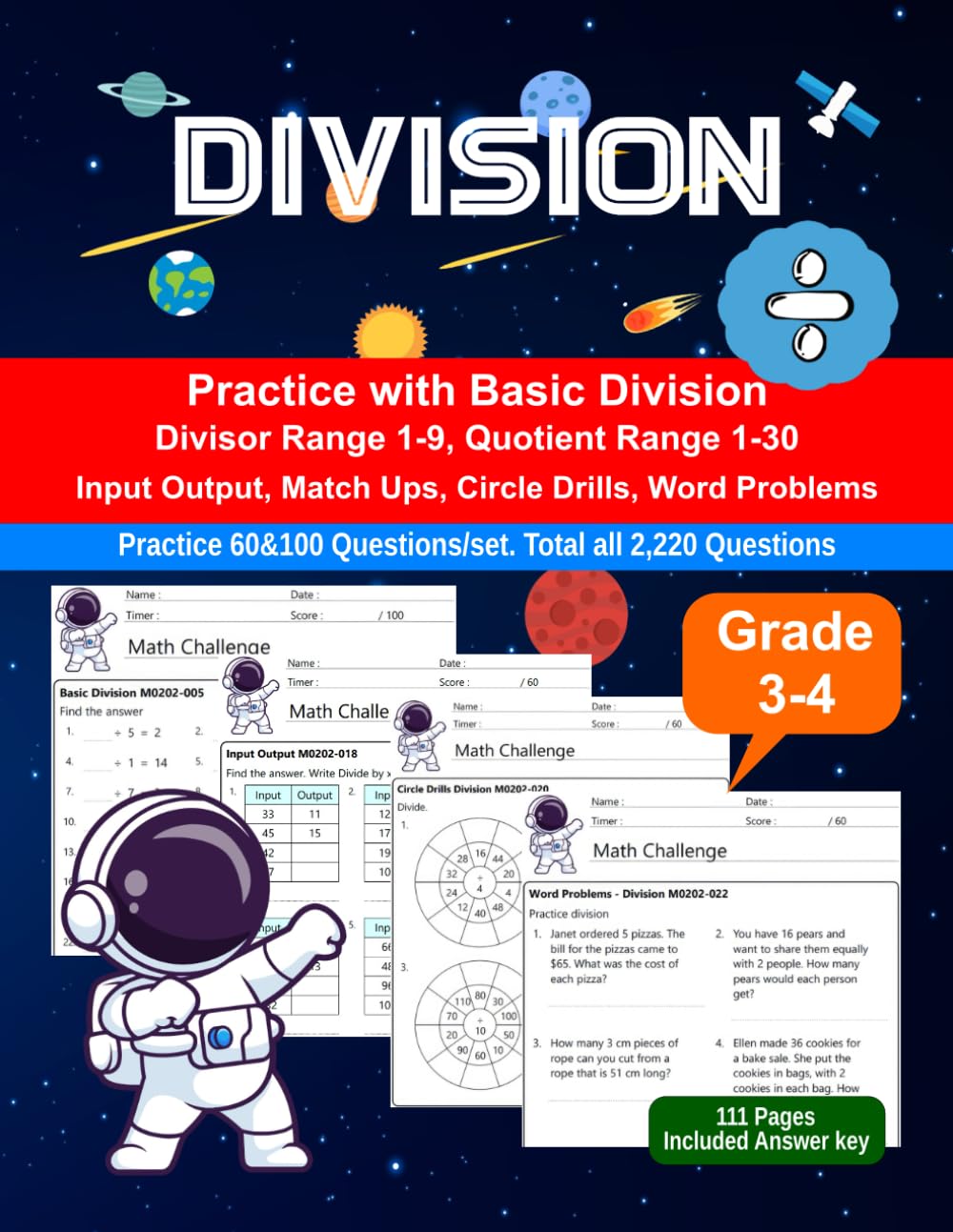 Division Workbook: Math Drill, Match Ups, Circle Drill, Word Problems, Grade 3-4, Ages 8-10