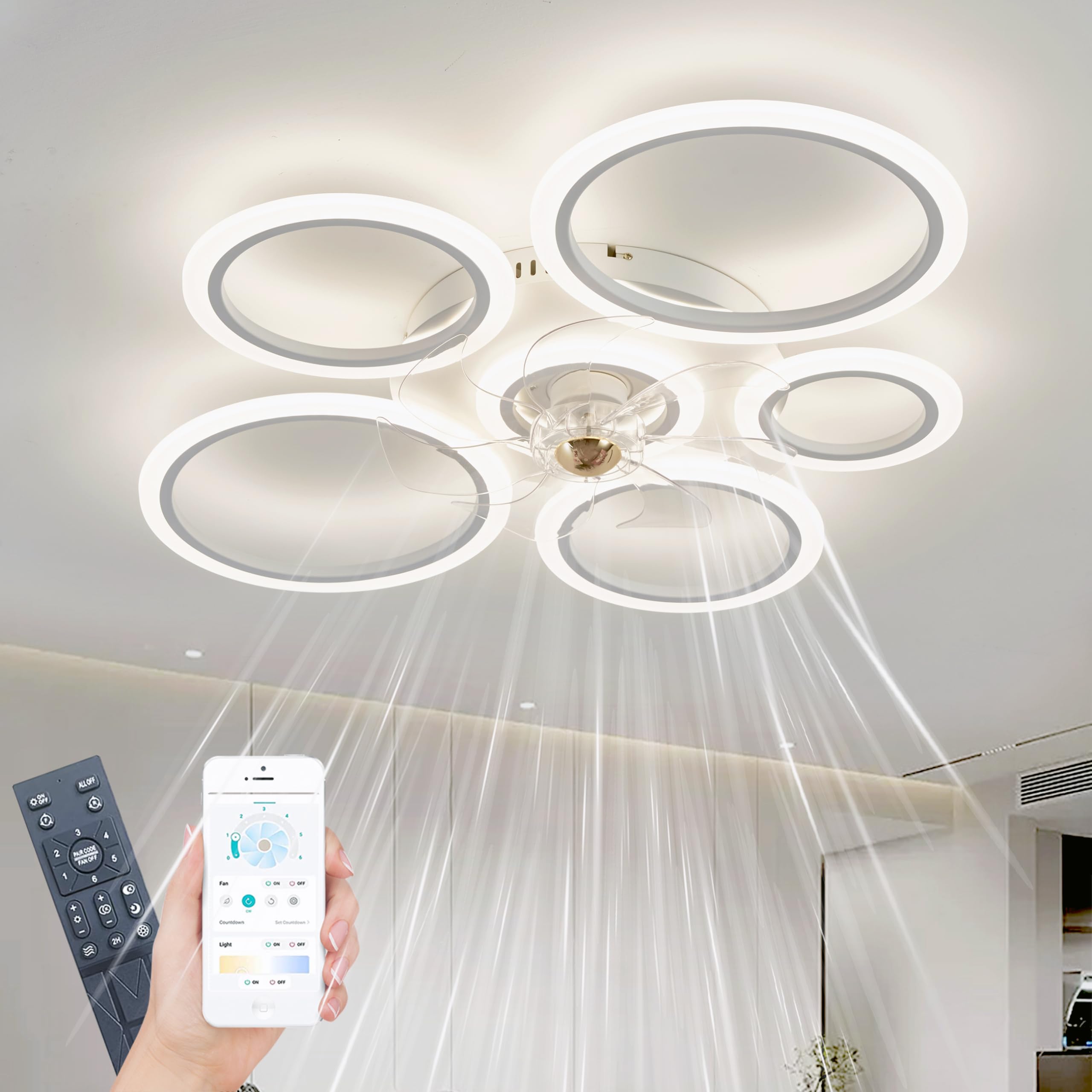 WODA Shang Mao Ceiling Fan with Silent Light, Modern Ceiling Fan 6 Speed Reversible Ceiling Fan, Ceiling Fans with Light and Remote Control, Memory, Timer (White, 90cm-6 Ring)