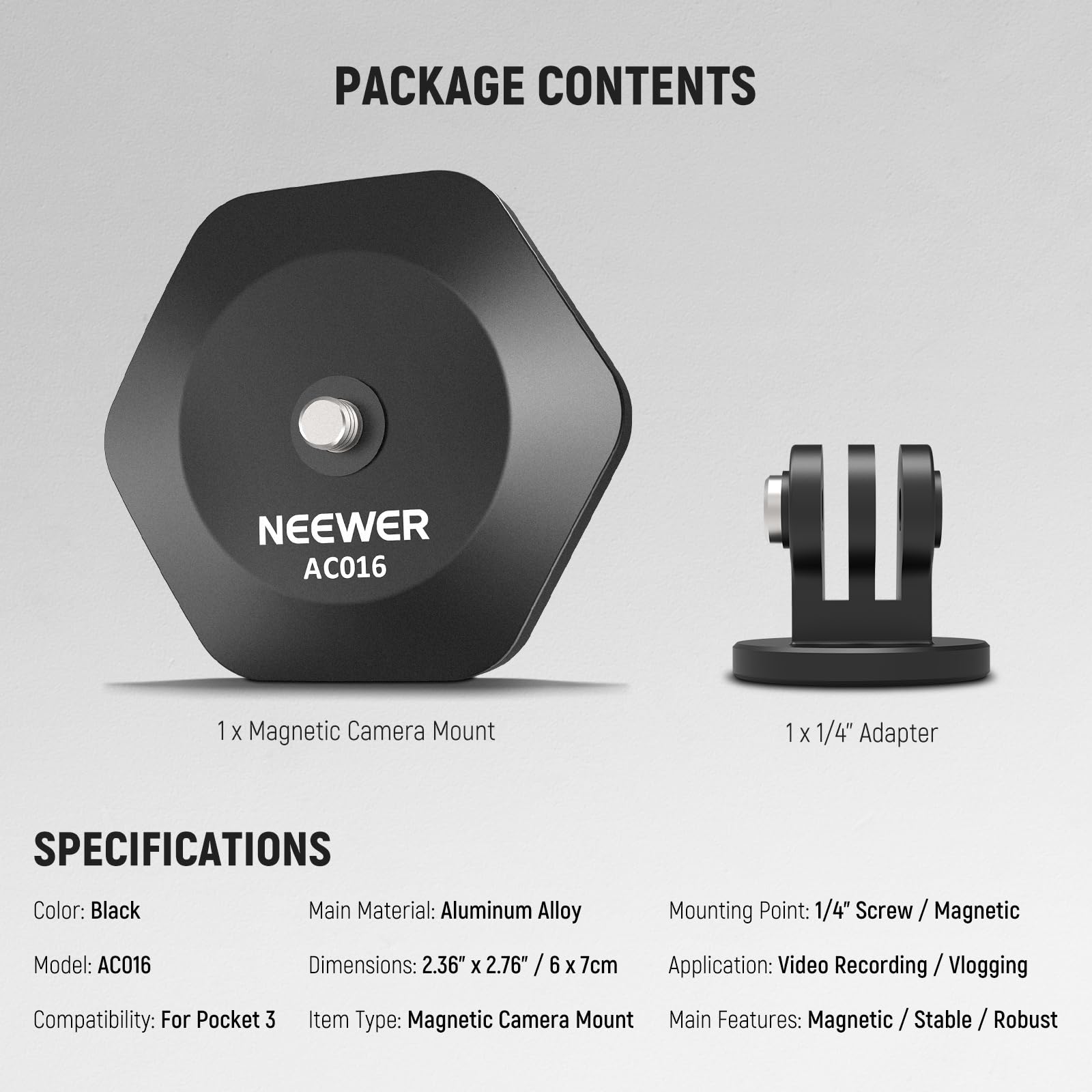 Neewer Magnetyczna podstawa montażowa do kamery kompatybilna z DJI Osmo Pocket 3 Insta360 X4/3/GO 3S/3, mocny stojak magnetyczny, szybkozłączka, podstawa ze śrubą 1/10.2 cm do kamery gimbalowej