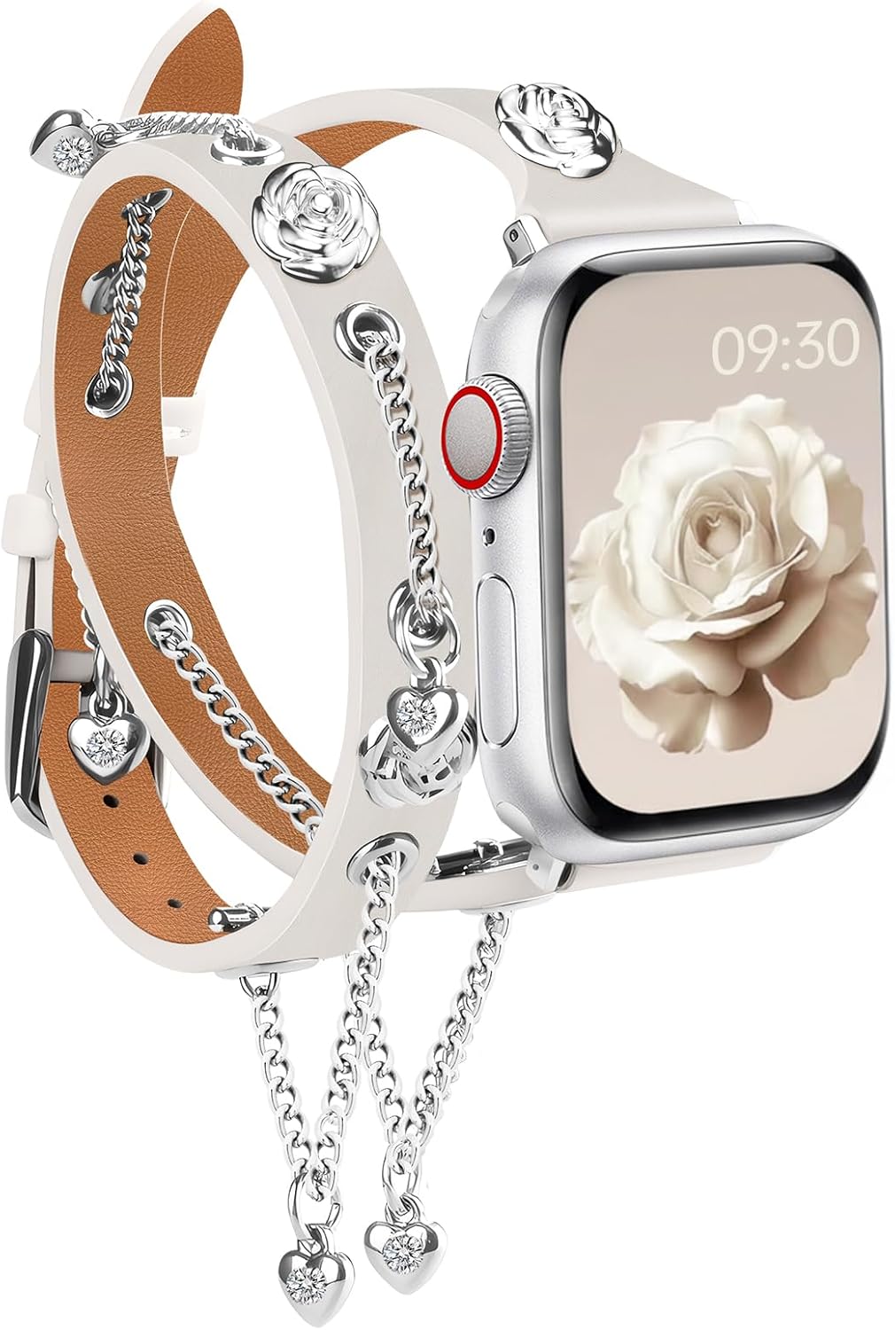 Slim Leather Double Wrap Band Compatible with Apple Watch Bands for Women 38mm 40mm 41mm 42mm 44mm 45mm 49mm 46mm,Top Grain Genuine Leather with Metal Strap Dressy Chain Bracelet for iWatch Series 11/10/9/8/7/6/5/4/3/2/1/SE