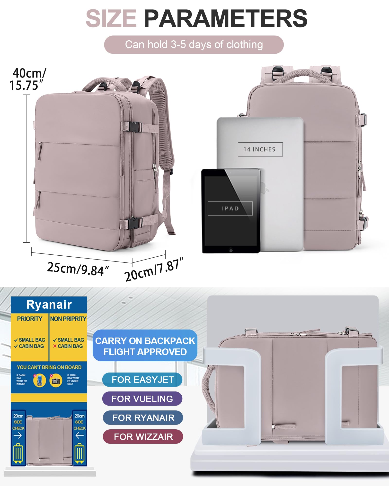 BJLFS Borse da Cabina per Ryanair 40x20x25 Bagaglio a Mano Zaino Borsa Zaino da Viaggio, Zaino da trekking,Zaino Easyjet 45x36x20,Zaino Casual per laptop da 14 pollici per scuola