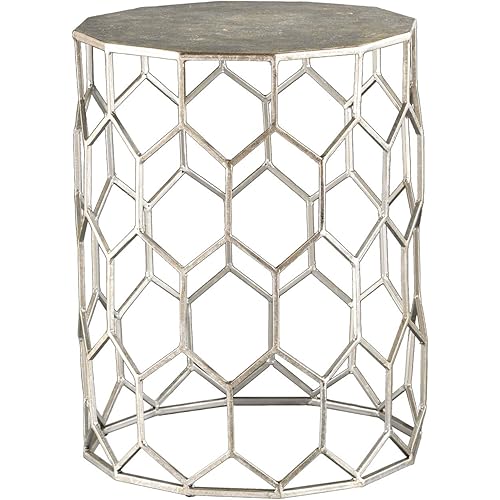 SEI Furniture Clarissa Metal Honeycomb Accent Table, Geometric Style Round Console Table With Faux Leather Top for Living Room, Silver, 13.75 in x 13.75 in x 18.25 in