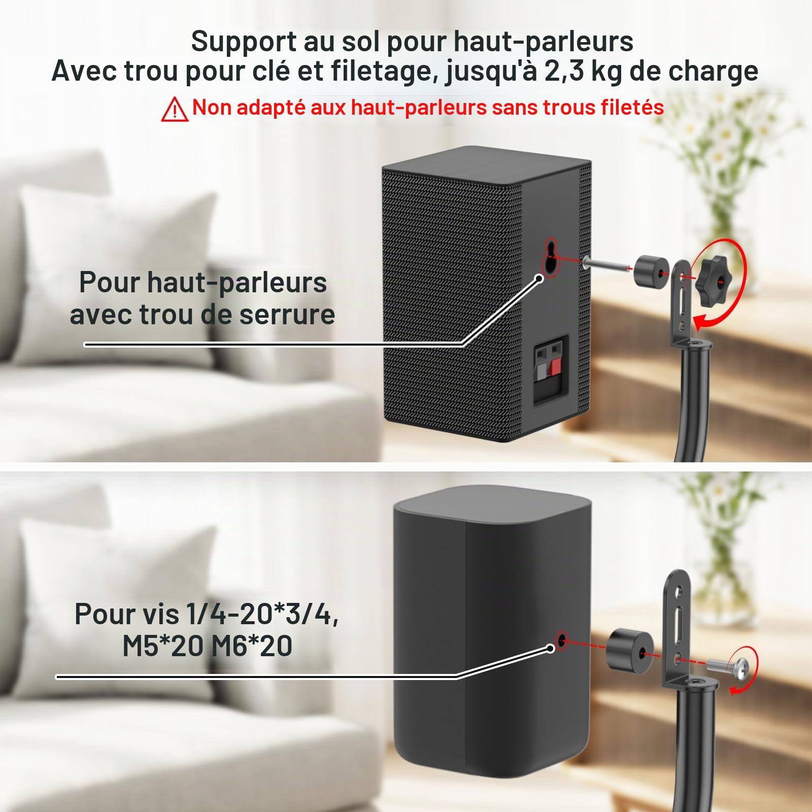 Paire de Pieds d’Enceinte universels, réglables en Hauteur de 84 à 106 cm, avec Fixation Murale pour Les Enceintes arrière et Les Enceintes Surround pour Samsung, Vizio, Bose, LG, Roku