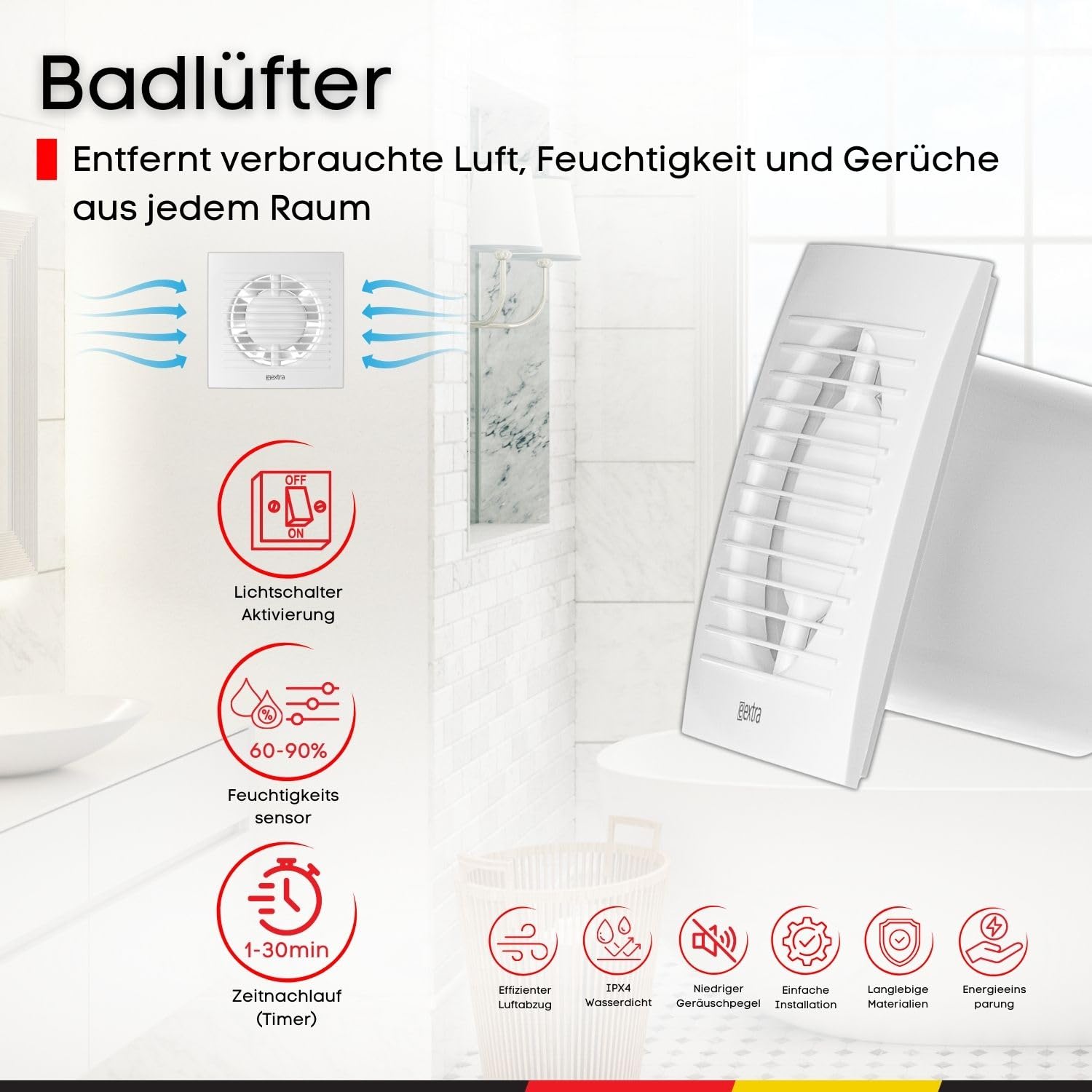 Steinberg14 Badlüfter Ø 100mm mit Feuchtigkeitssensor und Zeitnachlauf (Timer) - Weiß Ventilator