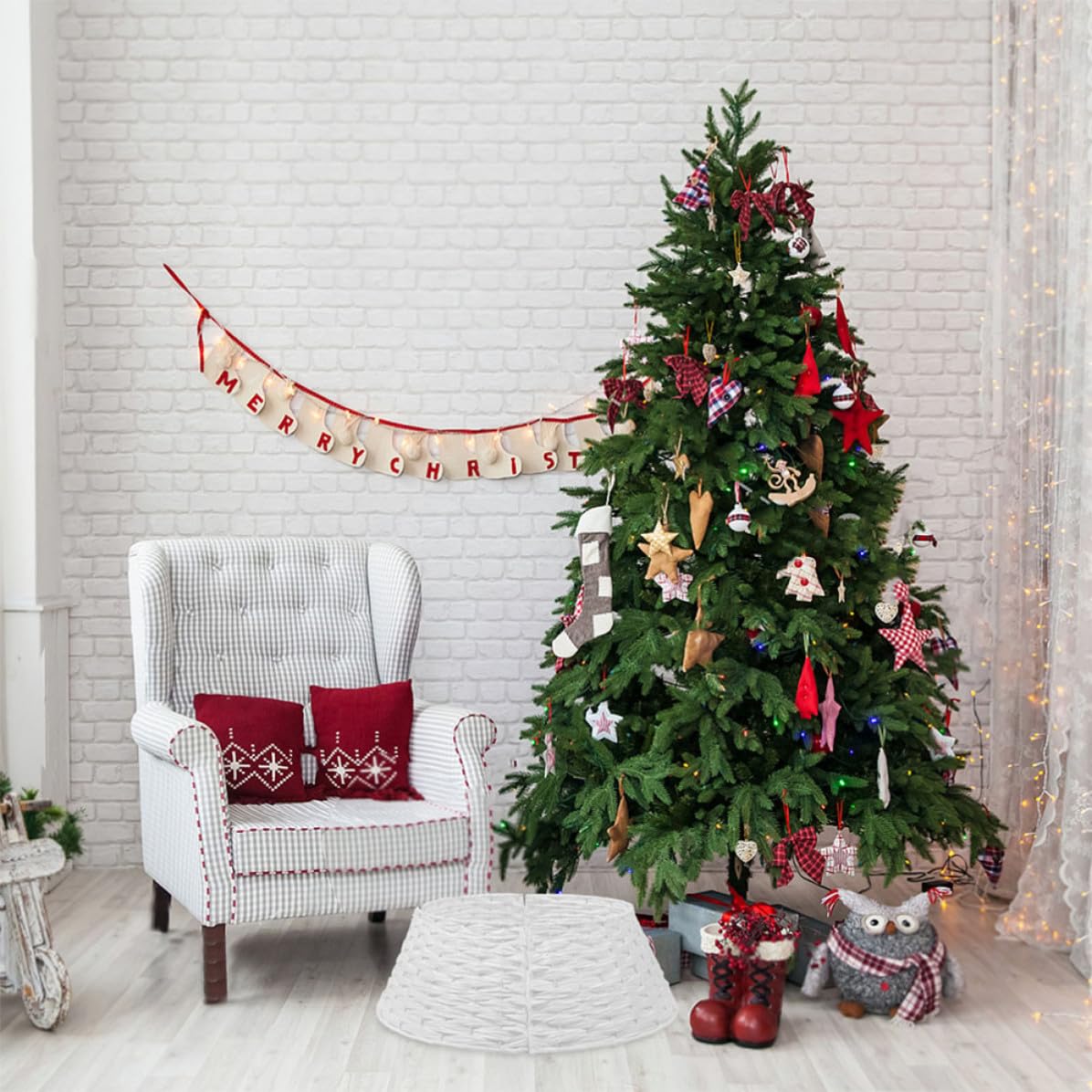 FRCOLOR Cesto Base Albero Natale Intrecciato, Bianco, Plastica,