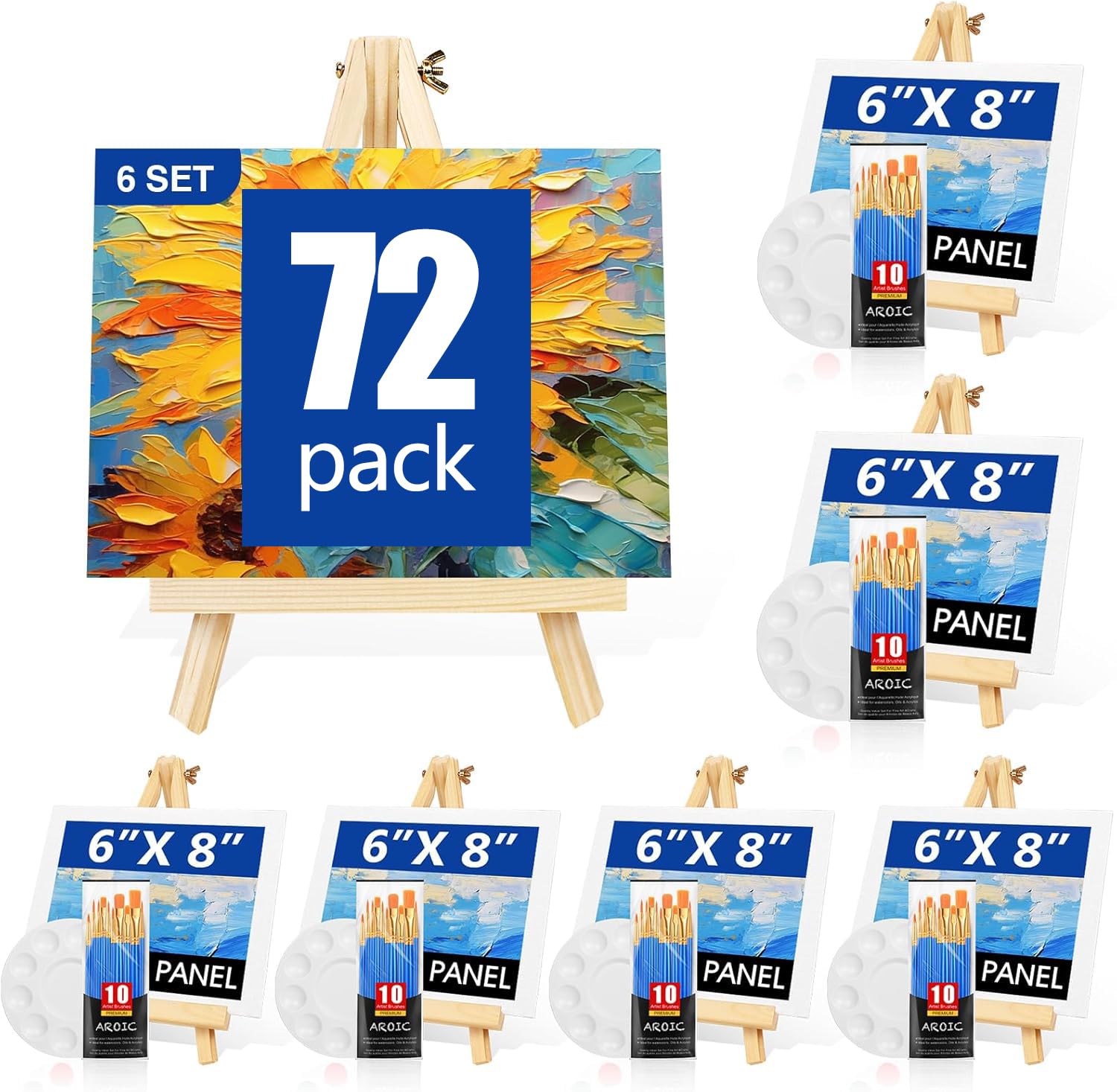 AROIC Canvas and Easel Set,Art Painting Set with 78 Pack (6 PCS 9" Wood Easels, 60 Brushes, 6 Canvas Boards and 6 Palette) Painting Supplies kit for