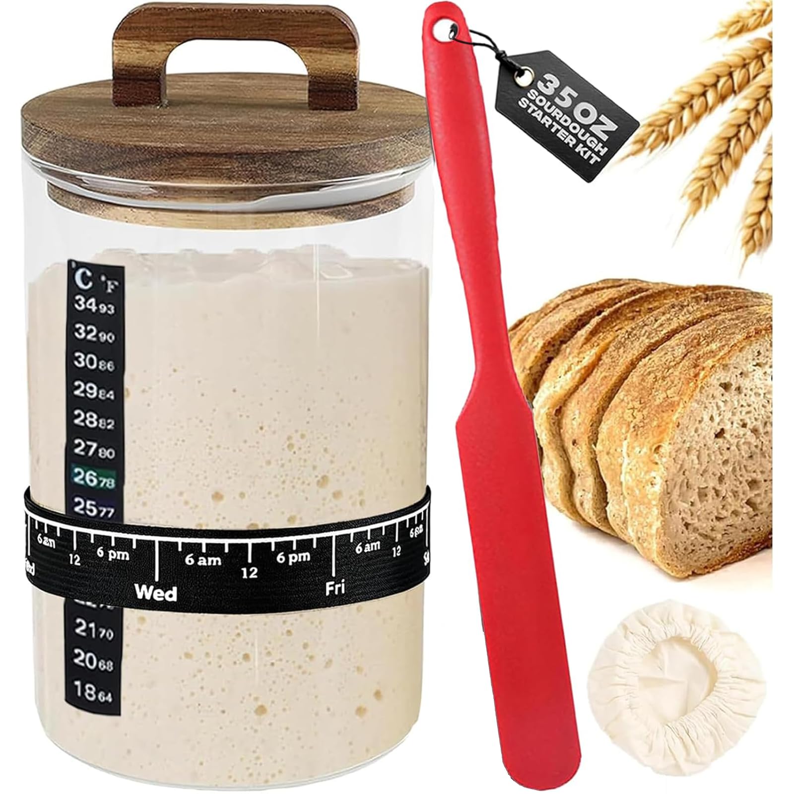 Punorric Sourdough Starter Jar Kit, 35Oz Sourdough Bread Baking Container with Wooden hanldle Lid Include Date Marked Feeding Band, Thermometer, Silicone Scraper, Cloth Cover Baking Supplie - Red